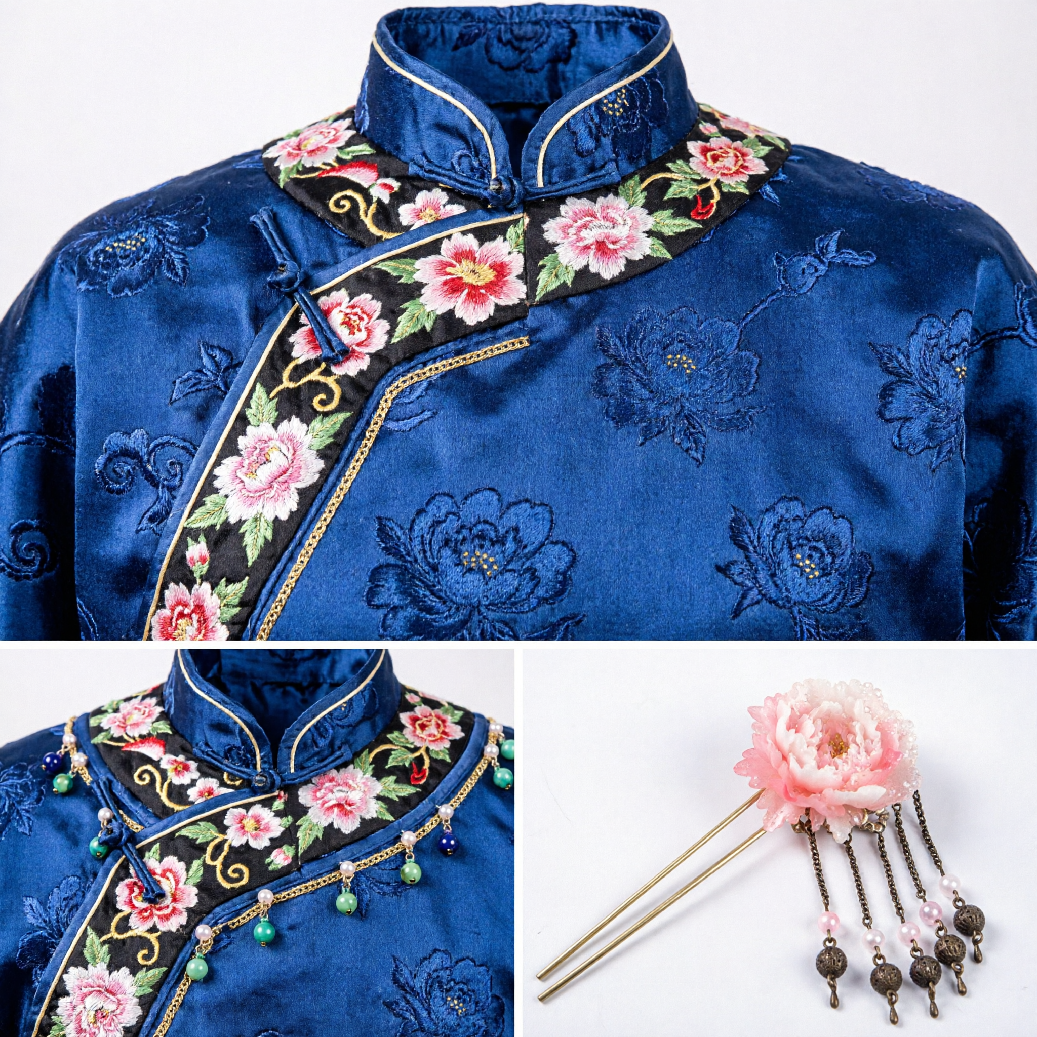 Traditional Chinese Pink Flower Hairpin with Bronze Tassels Elegant Hanfu Hair Stick for Wedding - Asian Costume