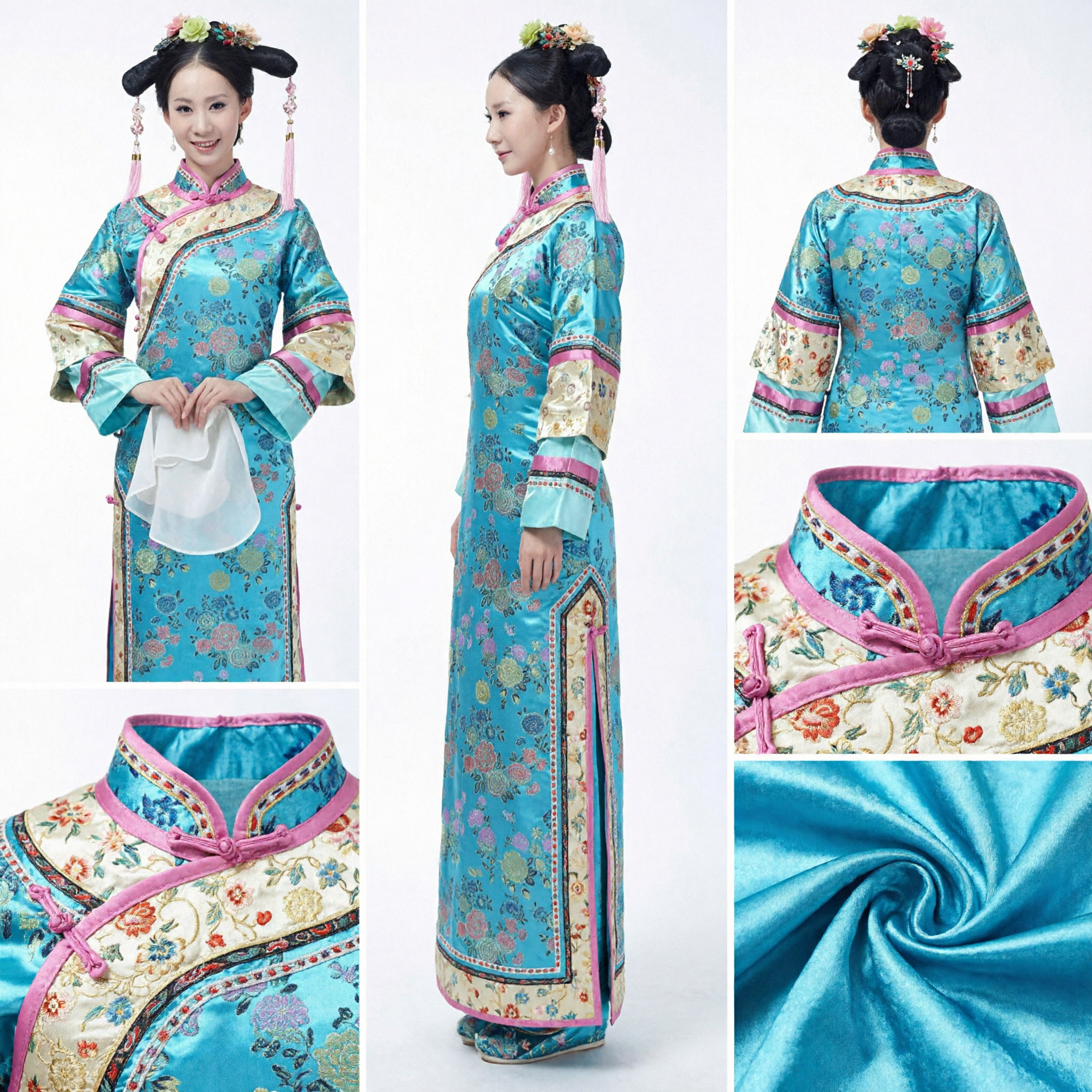 Traditional Chinese Blue Floral Embroidery Qing Dynasty Princess Dress Manchu Noblewoman Costume for Women - Asian Costume