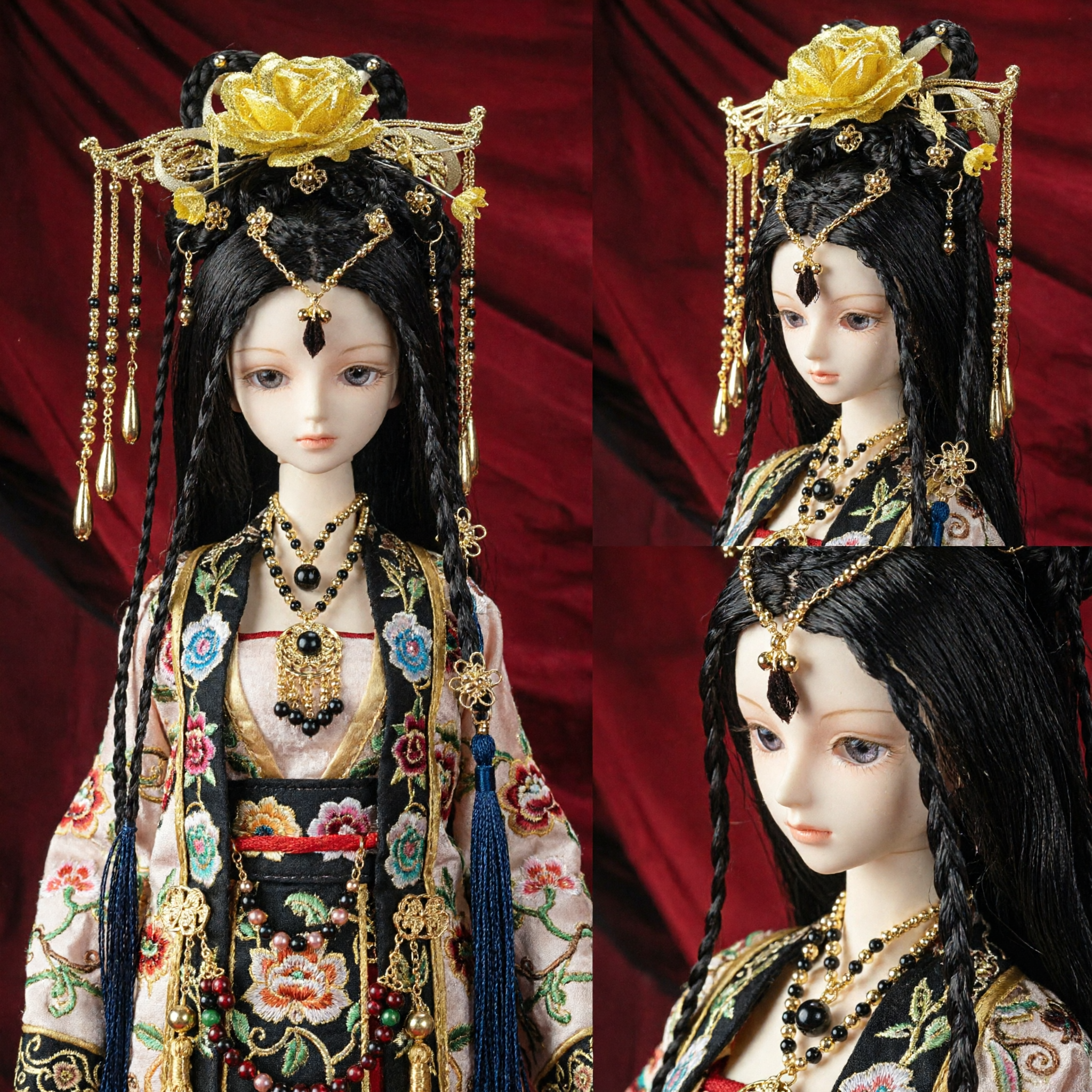 Traditional Chinese Hanfu Hair Accessories Set Gold Flower Hairpin with Dangling Beads for BJD Dolls Cosplay - Asian Costume