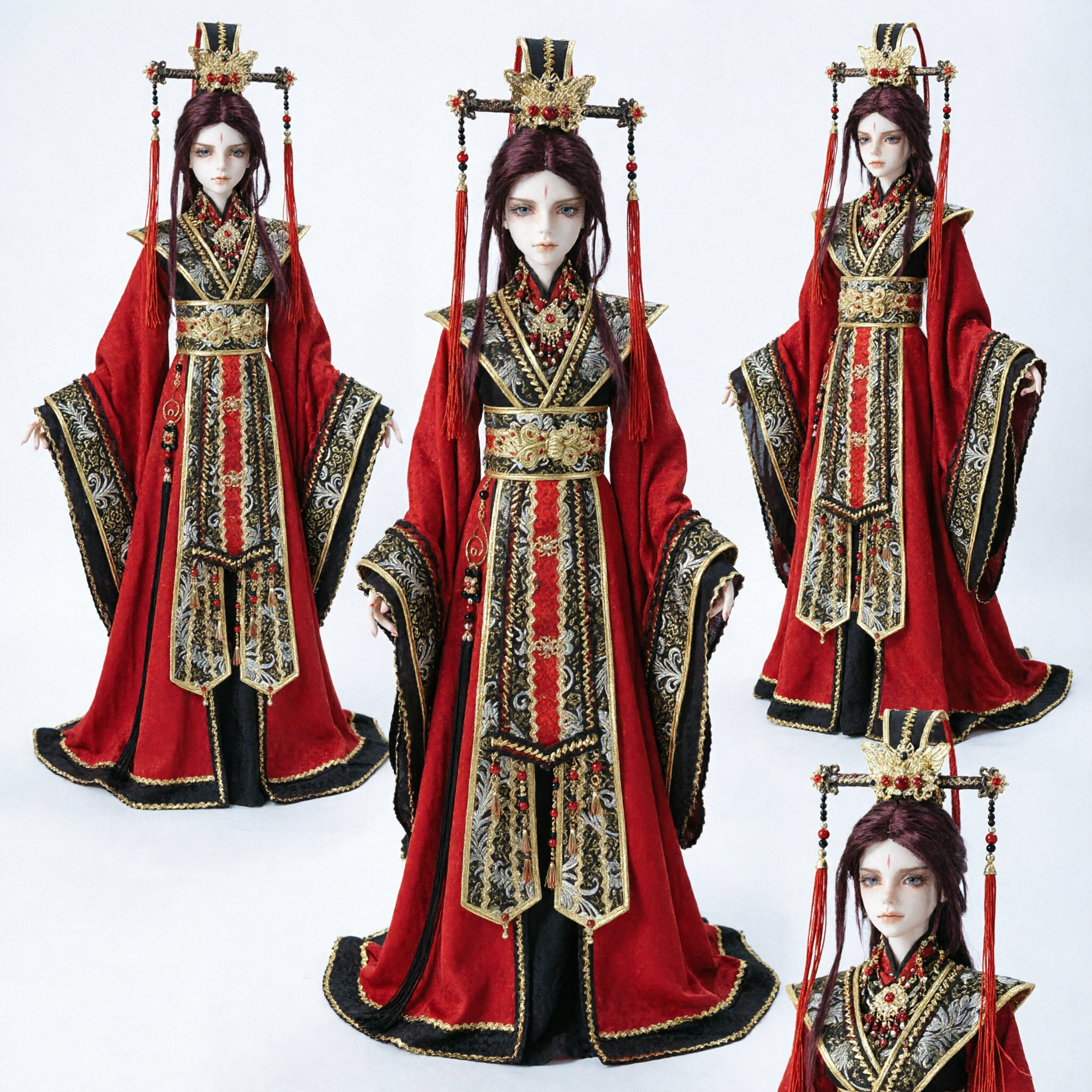 1/3 Scale BJD Doll Traditional Chinese Hanfu Red Black Gold Embroidery Ancient Royal Wedding Costume Set - Asian Costume