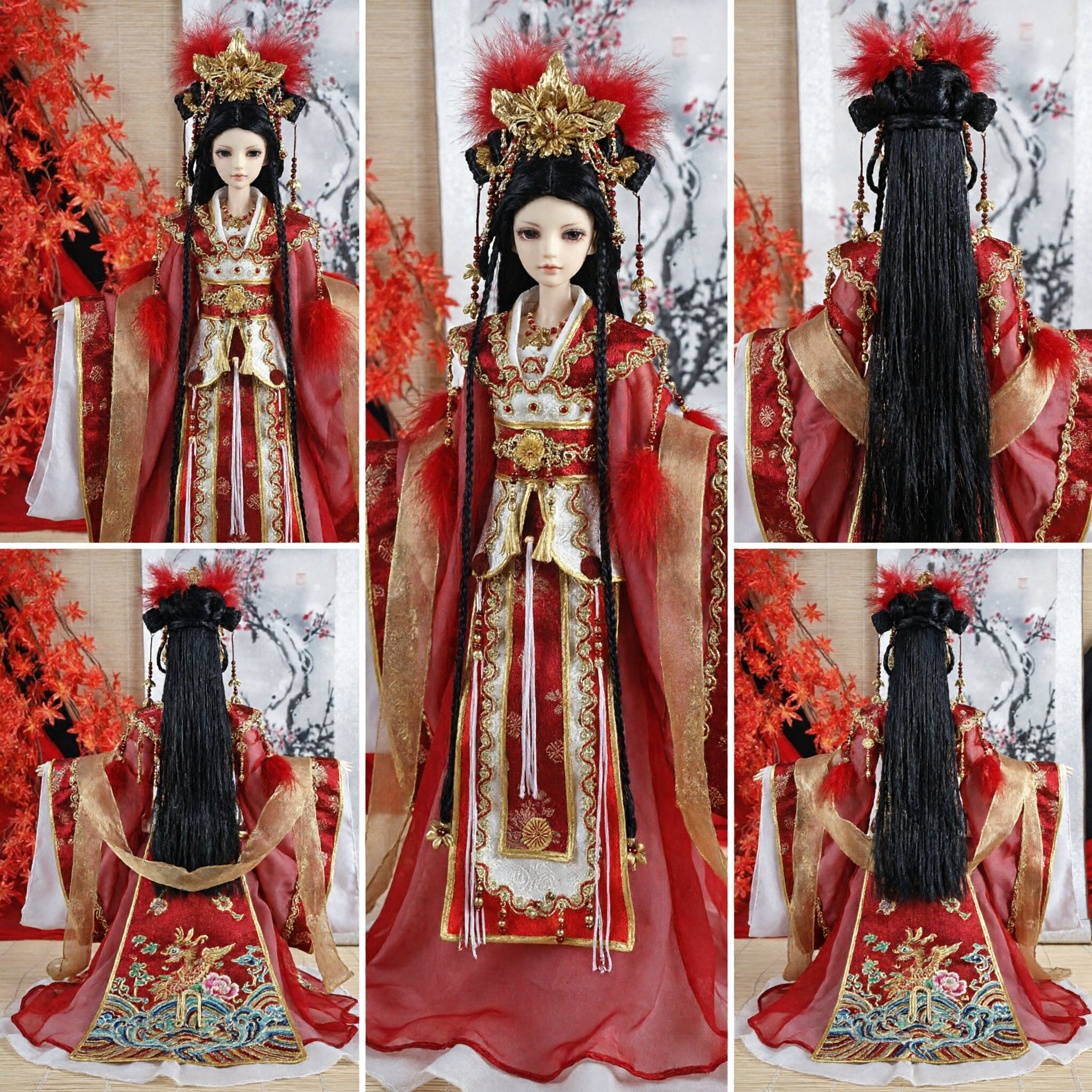 Traditional Chinese Hanfu Wedding Dress for BJD Doll Red Ancient Costume with Phoenix Crown and Gold Embroidery - Asian Costume