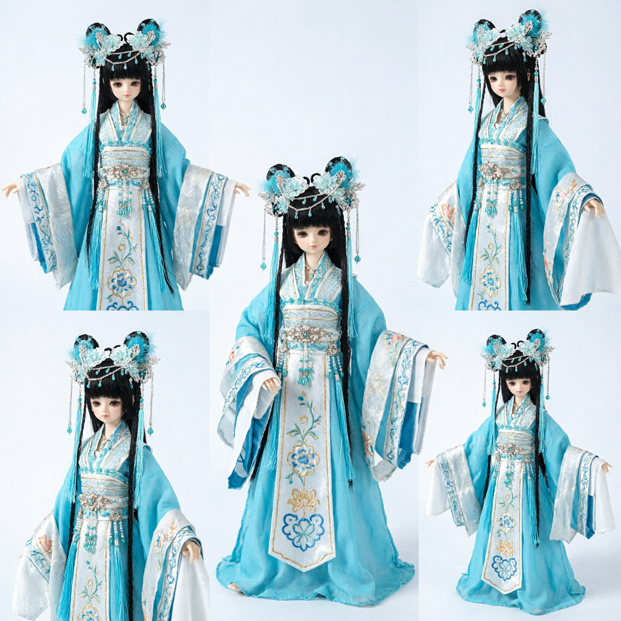 Traditional Chinese Blue Hanfu Costume for Dolls with Exquisite Floral Headpiece and Ancient Fairy Accessories - Asian Costume
