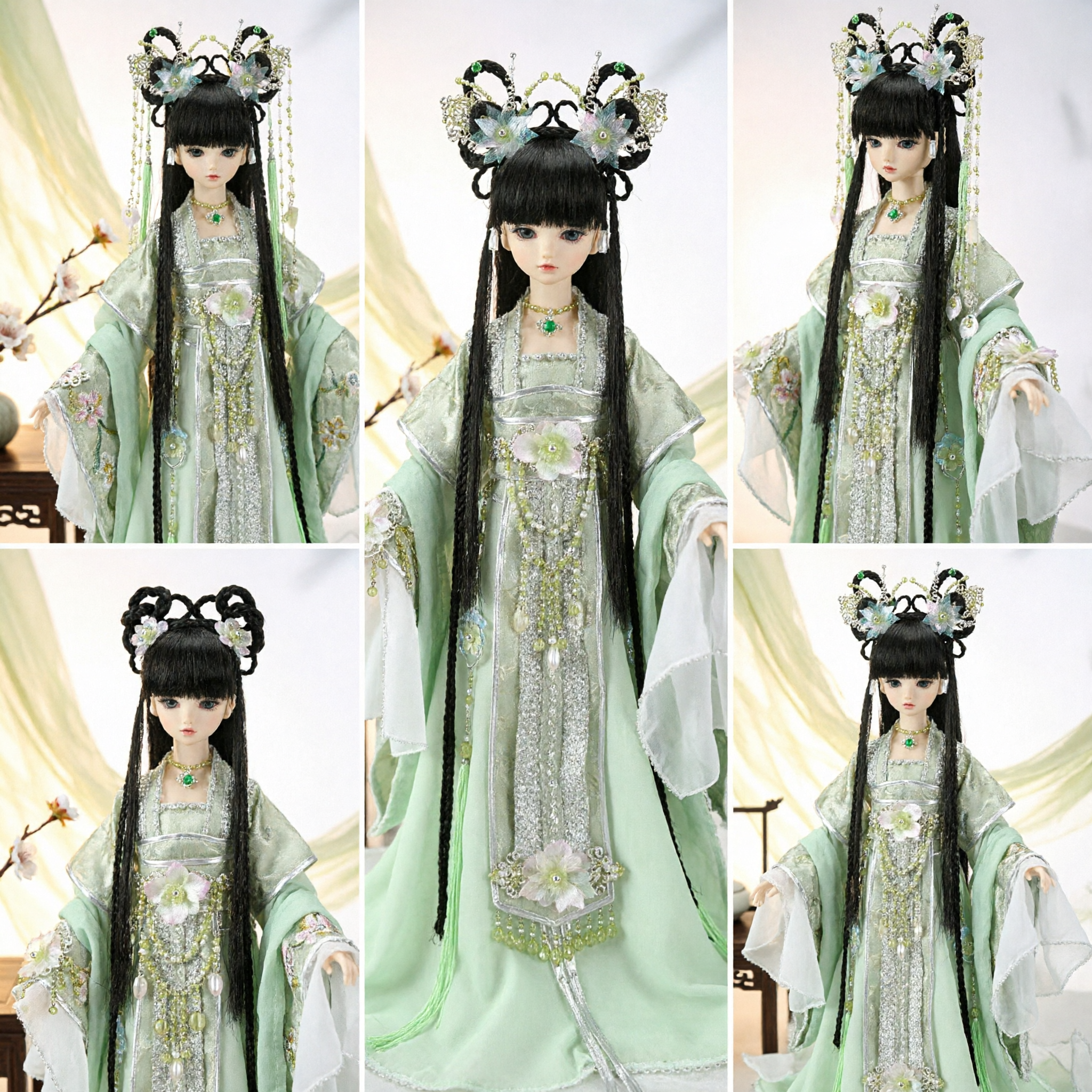 Exquisite Ancient Chinese Hanfu Dress for BJD Dolls Traditional Green Fairy Costume with Floral Headdress Accessories - Asian Costume