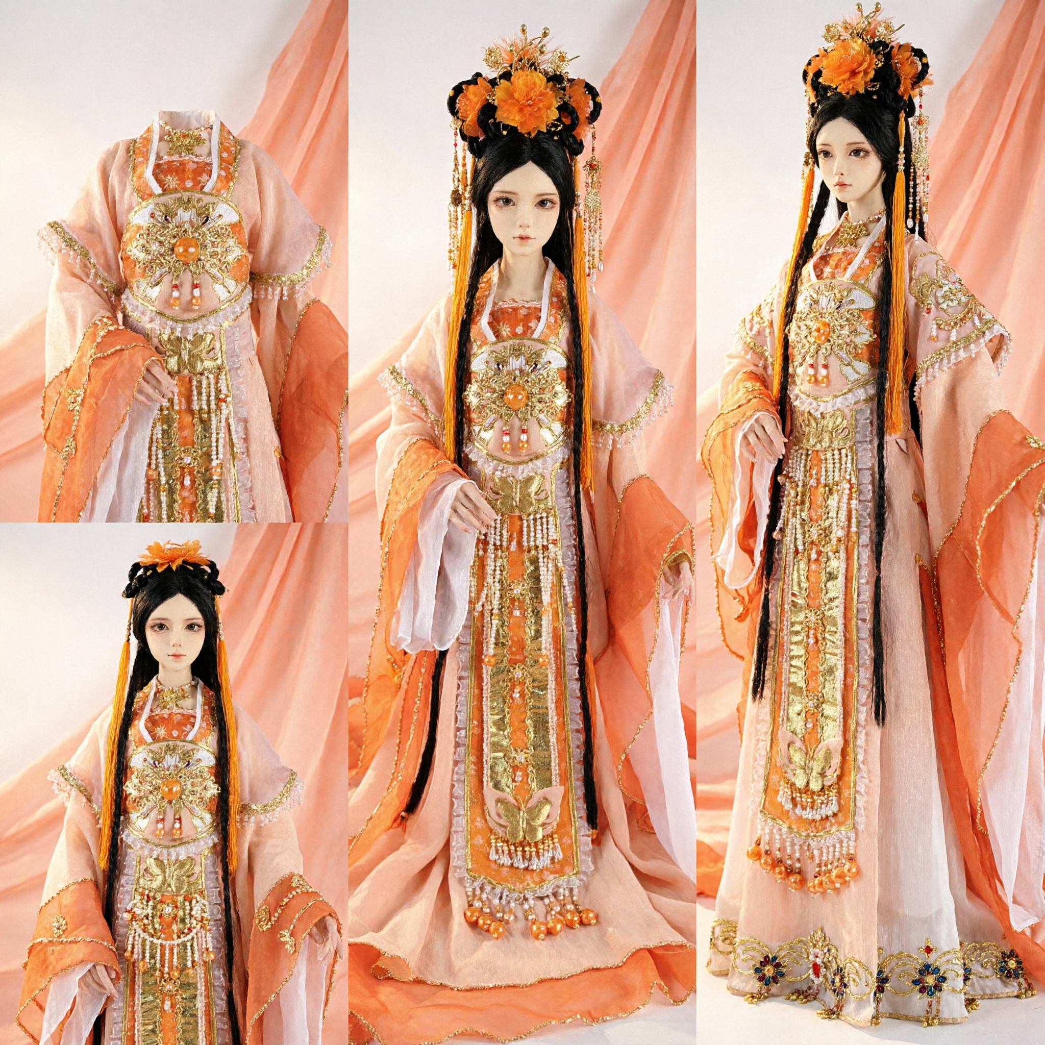 Traditional Chinese Hanfu Princess Doll Costume Orange Ancient Court Dress with Elaborate Headdress for Collectors - Asian Costume