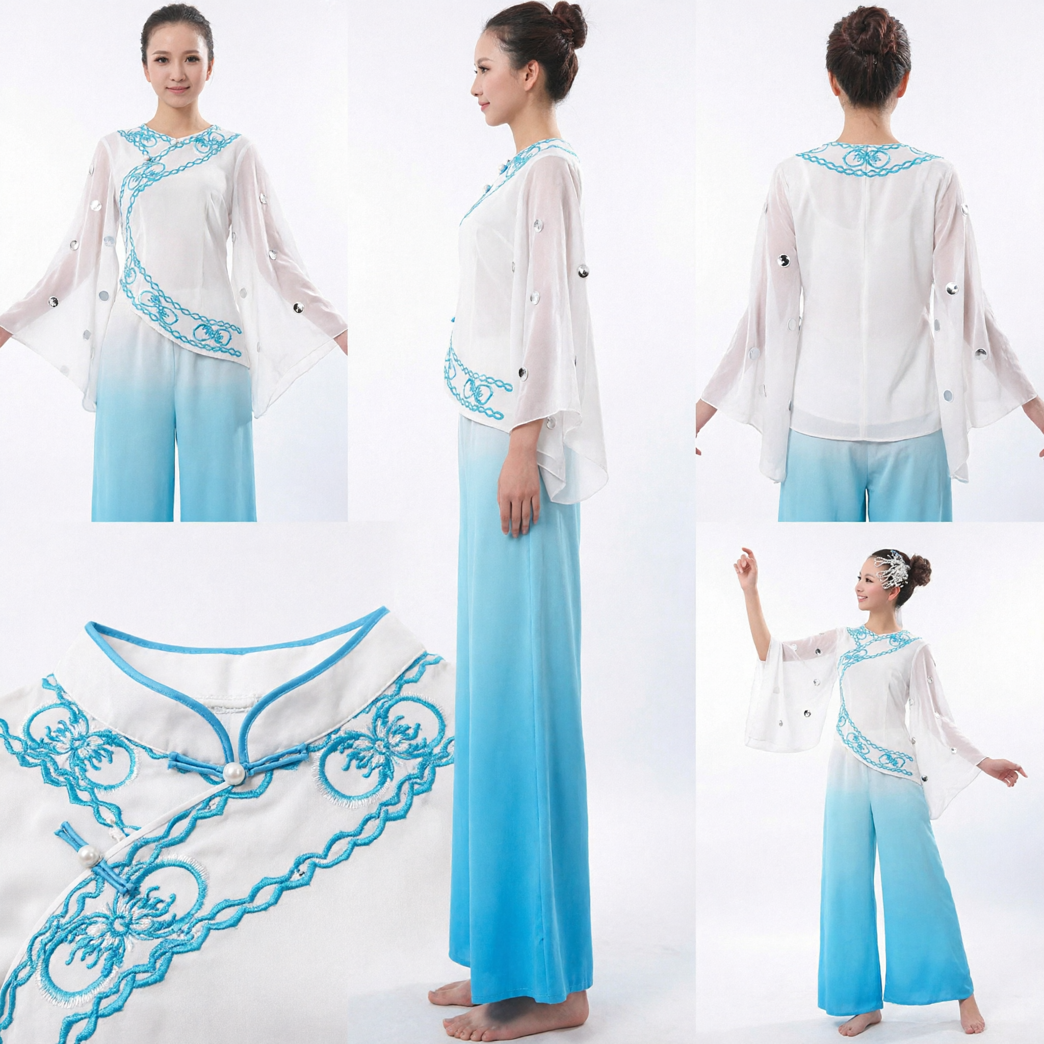 Women's Traditional Chinese Folk Dance Costume White Embroidered Top Blue Gradient Pants Yangge Performance Outfit - Asian Costume