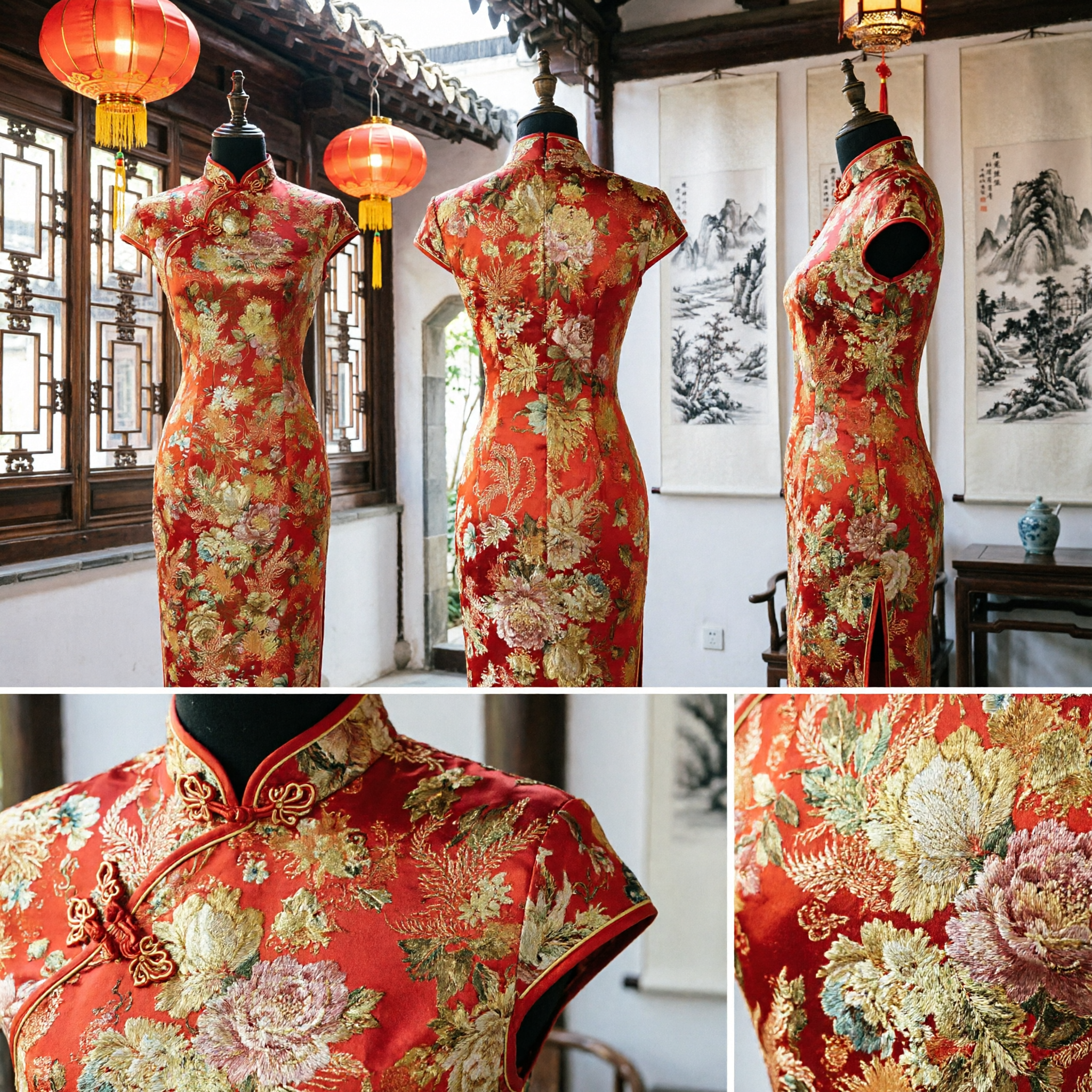 Traditional Red Floral Silk Qipao Cheongsam Long Dress Chinese Wedding Evening Gown for Women - Asian Costume
