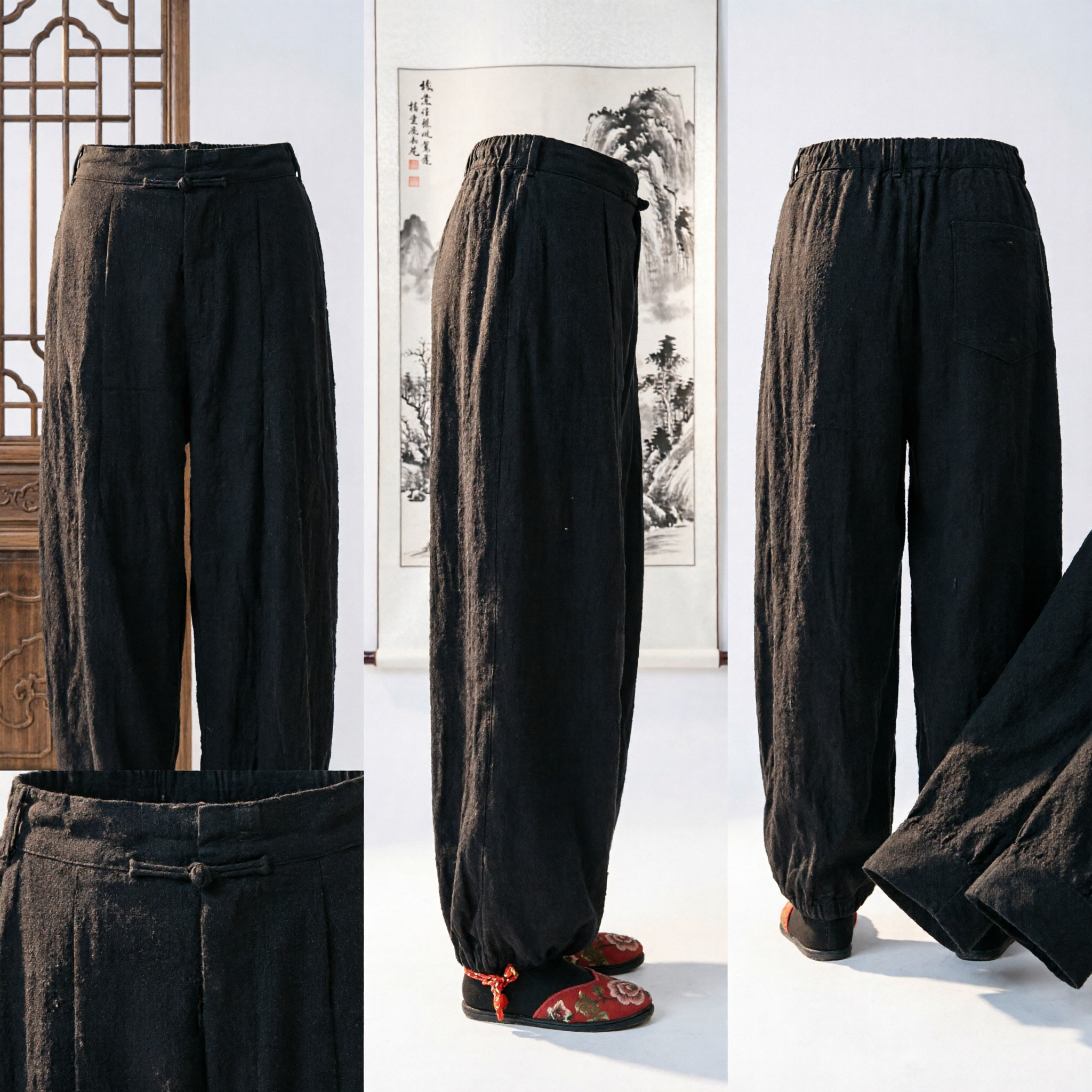 Men's Black Traditional Chinese Kung Fu Pants Cotton Martial Arts Tai Chi Trousers for Practice and Daily Wear - Asian Costume