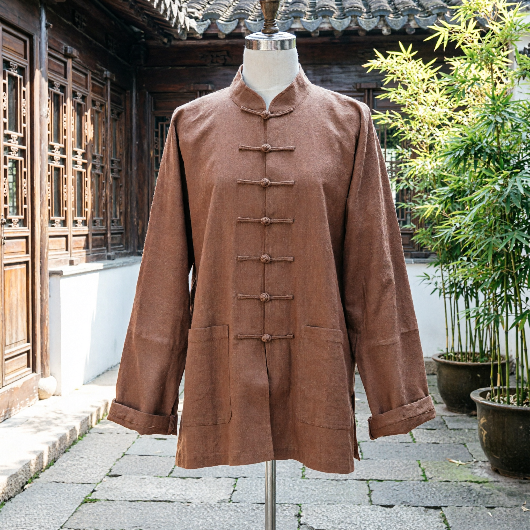 Men's Brown Linen Tang Suit Traditional Chinese Kung Fu Jacket with Mandarin Collar for Casual Daily Wear - Asian Costume