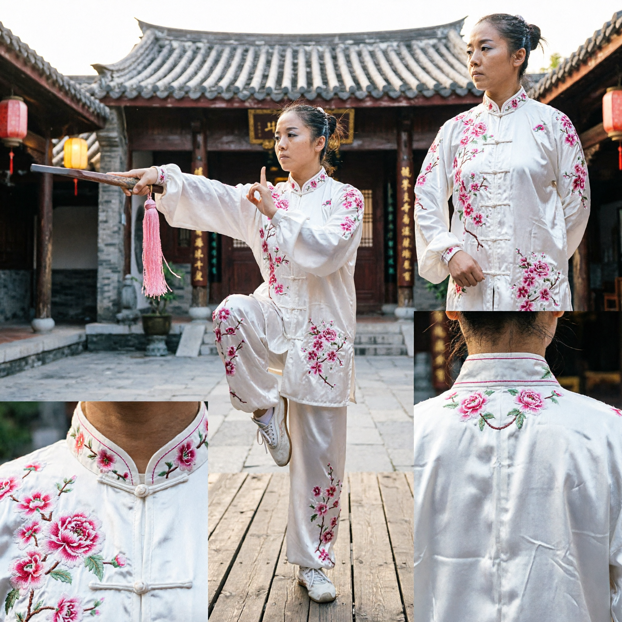 Women's White Floral Tai Chi Uniform Traditional Wushu Kung Fu Suit for Competition Performance - Asian Costume