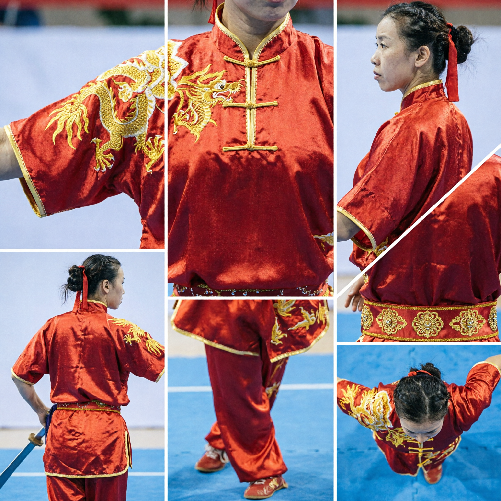 Women's Red Silk Wushu Uniform with Gold Dragon Embroidery for Kung Fu Competition and Performance - Asian Costume