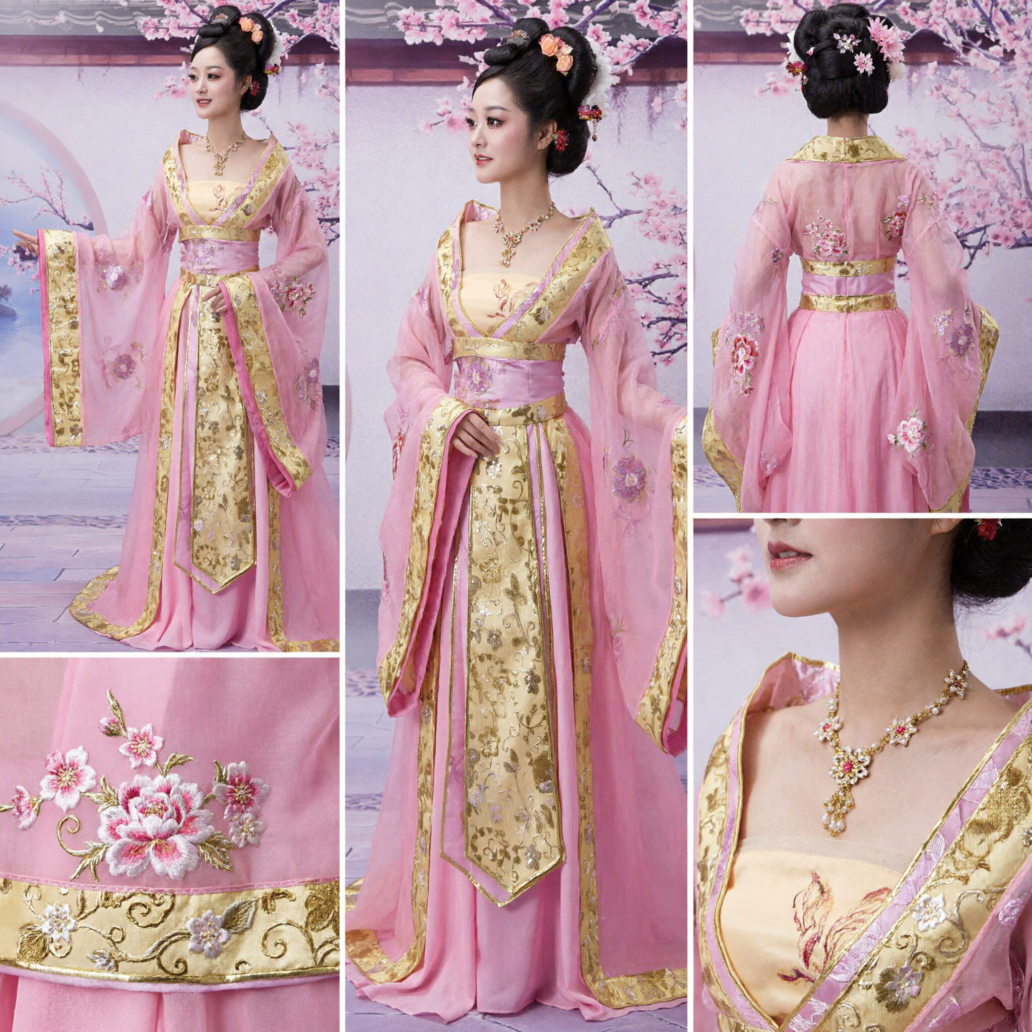 Pink Ancient Chinese Tang Dynasty Palace Lady Hanfu Costume Traditional Princess Dress with Gold Embroidery for Women - Asian Costume