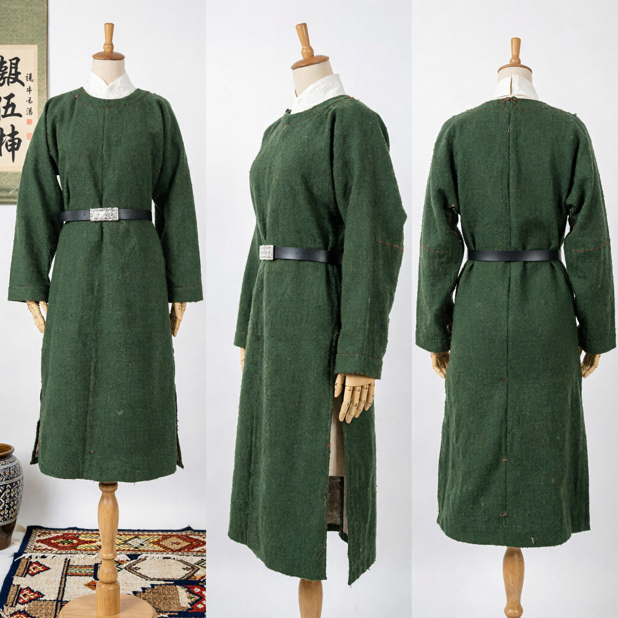Traditional Green Mongolian Deel Robe Wool Ethnic Costume for Adult Cultural Performances and Festivals - Asian Costume