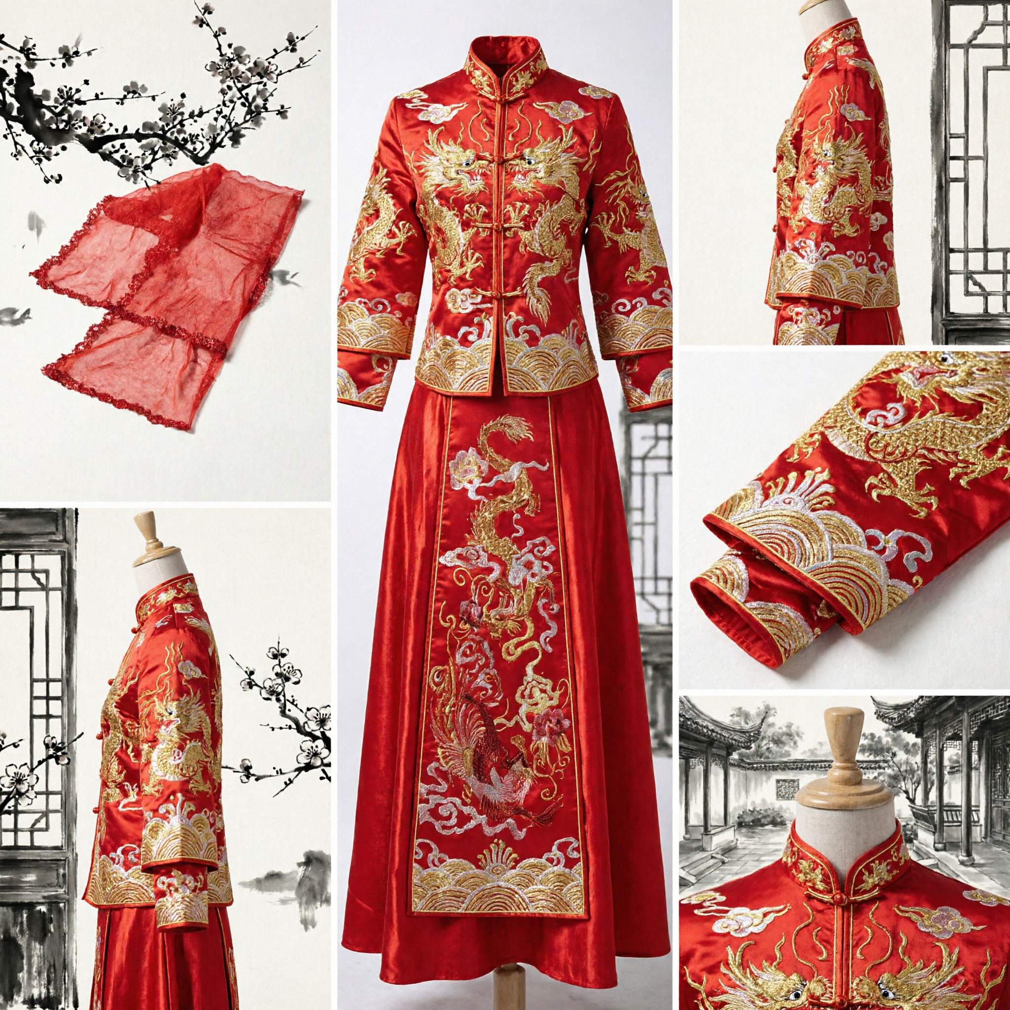 Traditional Chinese Wedding Dress Red Dragon and Phoenix Embroidery Long Train Hanfu Bride Gown - Asian Costume