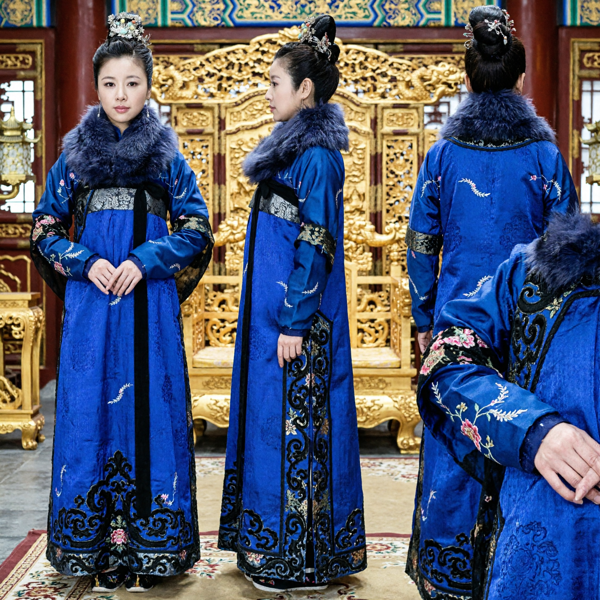 Women's Royal Blue Ancient Chinese Palace Costume with Fur Collar Traditional Hanfu Dress for Cosplay - Asian Costume