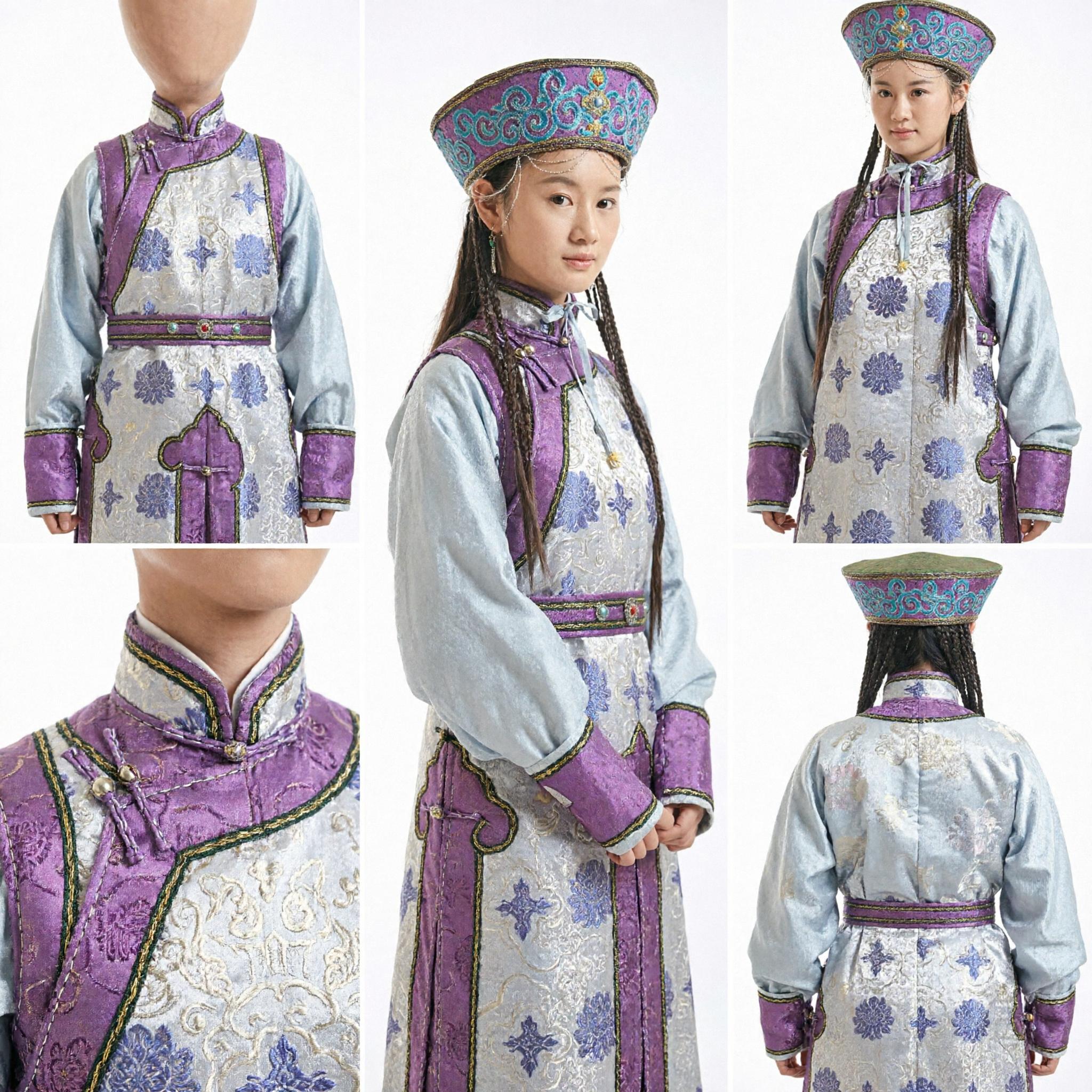 Girls Traditional Mongolian Costume Purple Floral Embroidered Robe and Hat Set for Cultural Dance Performance - Asian Costume