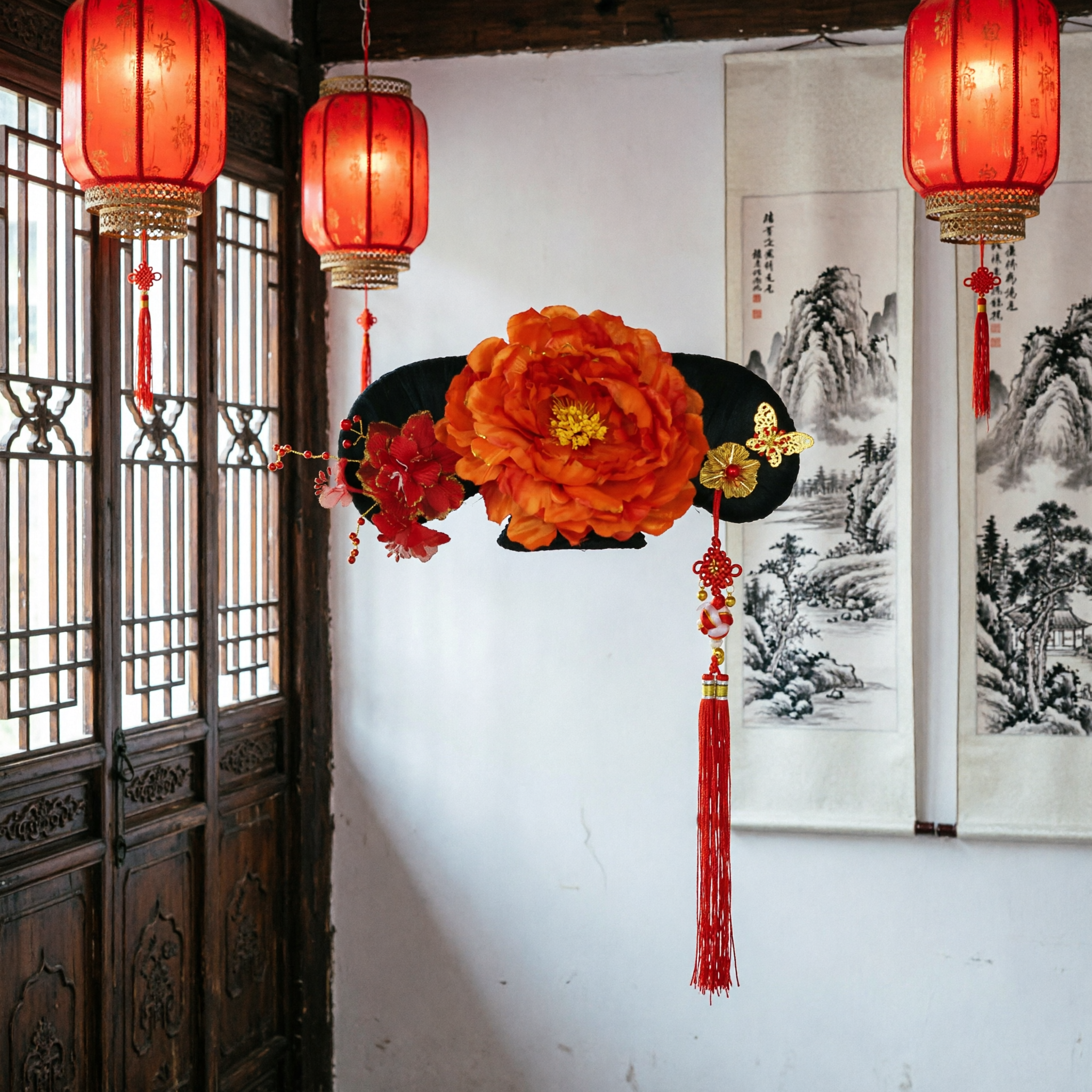 Traditional Chinese Qing Dynasty Manchu Headdress with Orange Peony and Butterfly Tassel for Women Hanfu Costume - Asian Costume