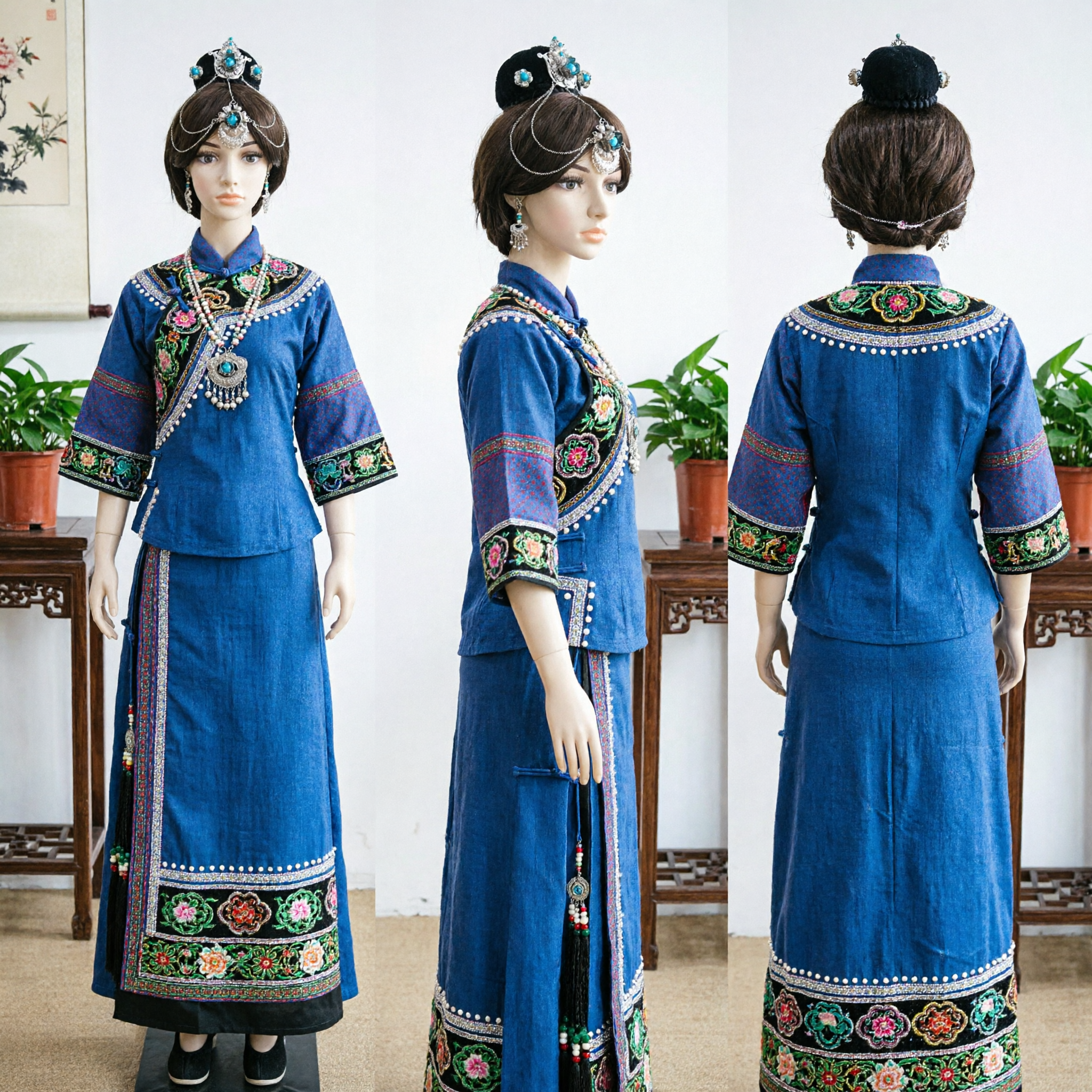 Ancient Chinese Hanfu Hair Accessories Set Qing Dynasty Style Headpiece with Blue Stones and Chains for Cosplay - Asian Costume