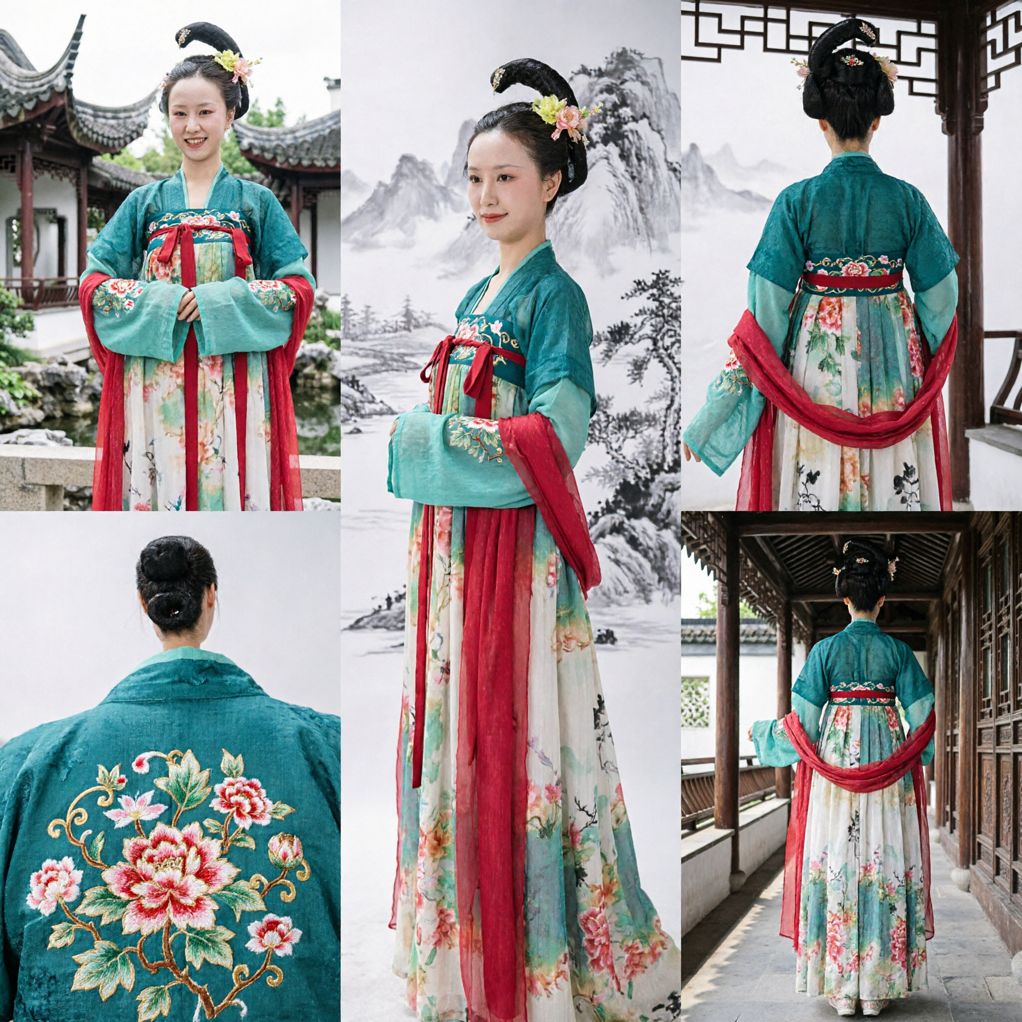 Traditional Chinese Hanfu Tang Dynasty Ruqun Dress Green Top Floral Skirt for Women Cosplay Festival - Asian Costume