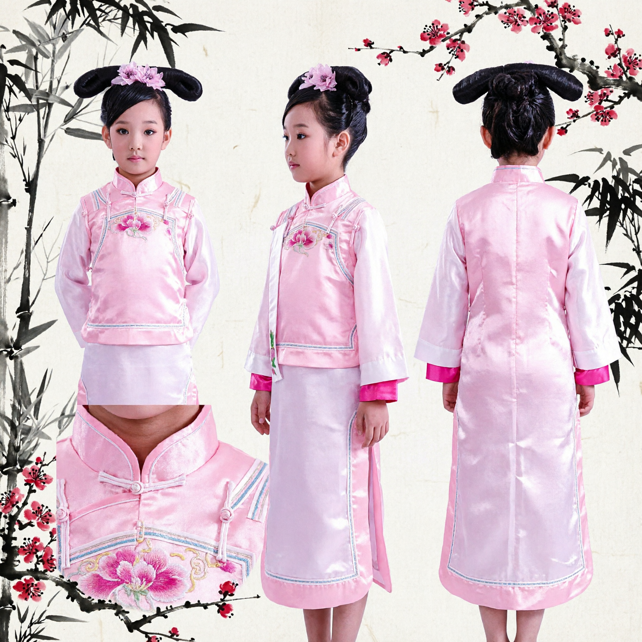 Traditional Chinese Pink Qipao Dress for Girls Kids Qing Dynasty Princess Costume Set with Hairpiece for Performance - Asian Costume