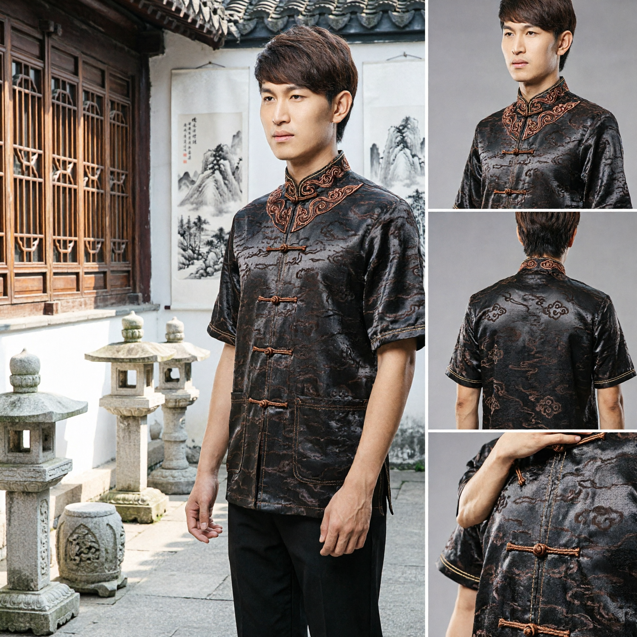 Men's Chinese Traditional Tang Suit Short Sleeve Shirt Mandarin Collar Casual Kung Fu Top Jacquard - Asian Costume