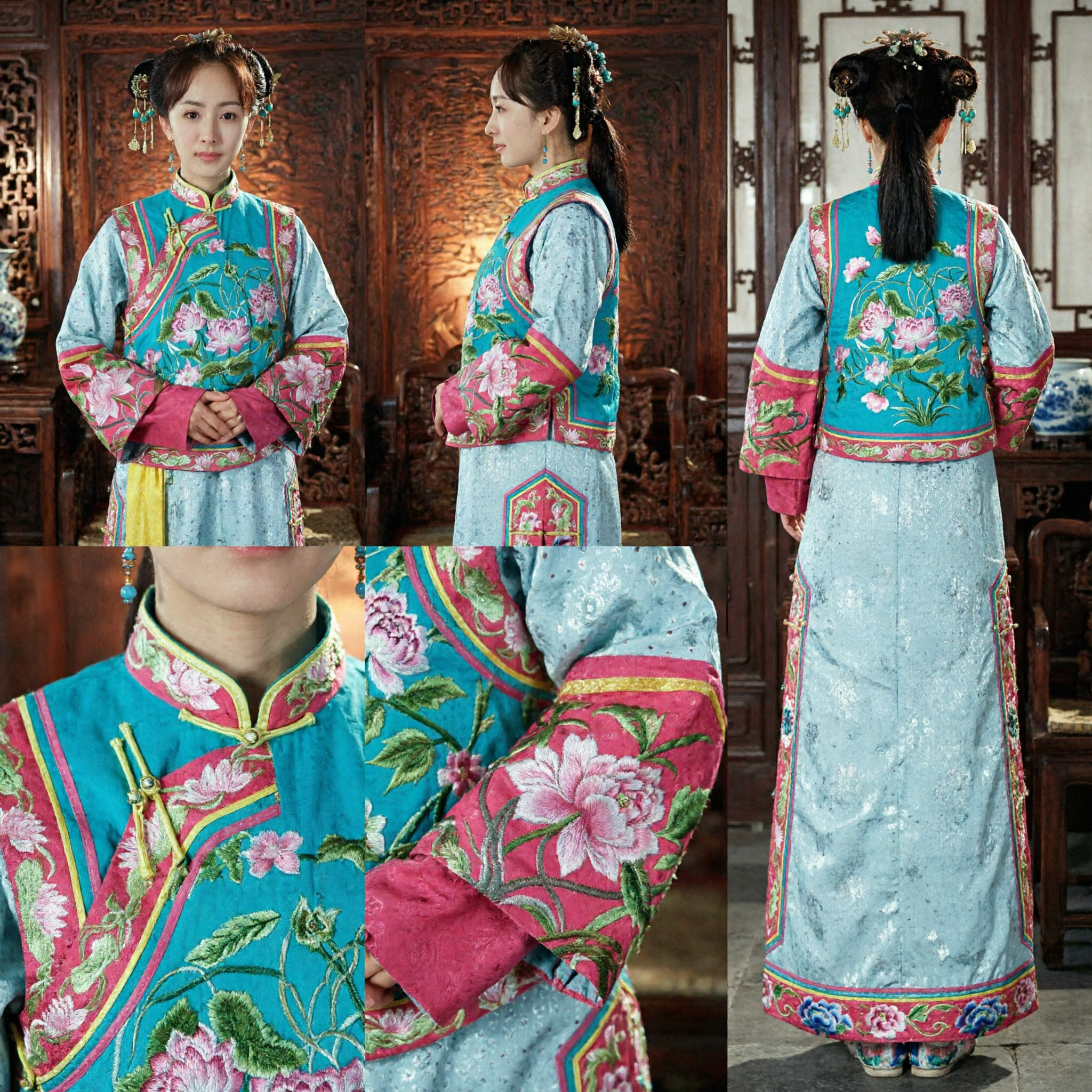 Traditional Chinese Qing Dynasty Manchu Embroidered Lotus Costume Ancient Palace Princess Dress for Women Historical Performance - Asian Costume