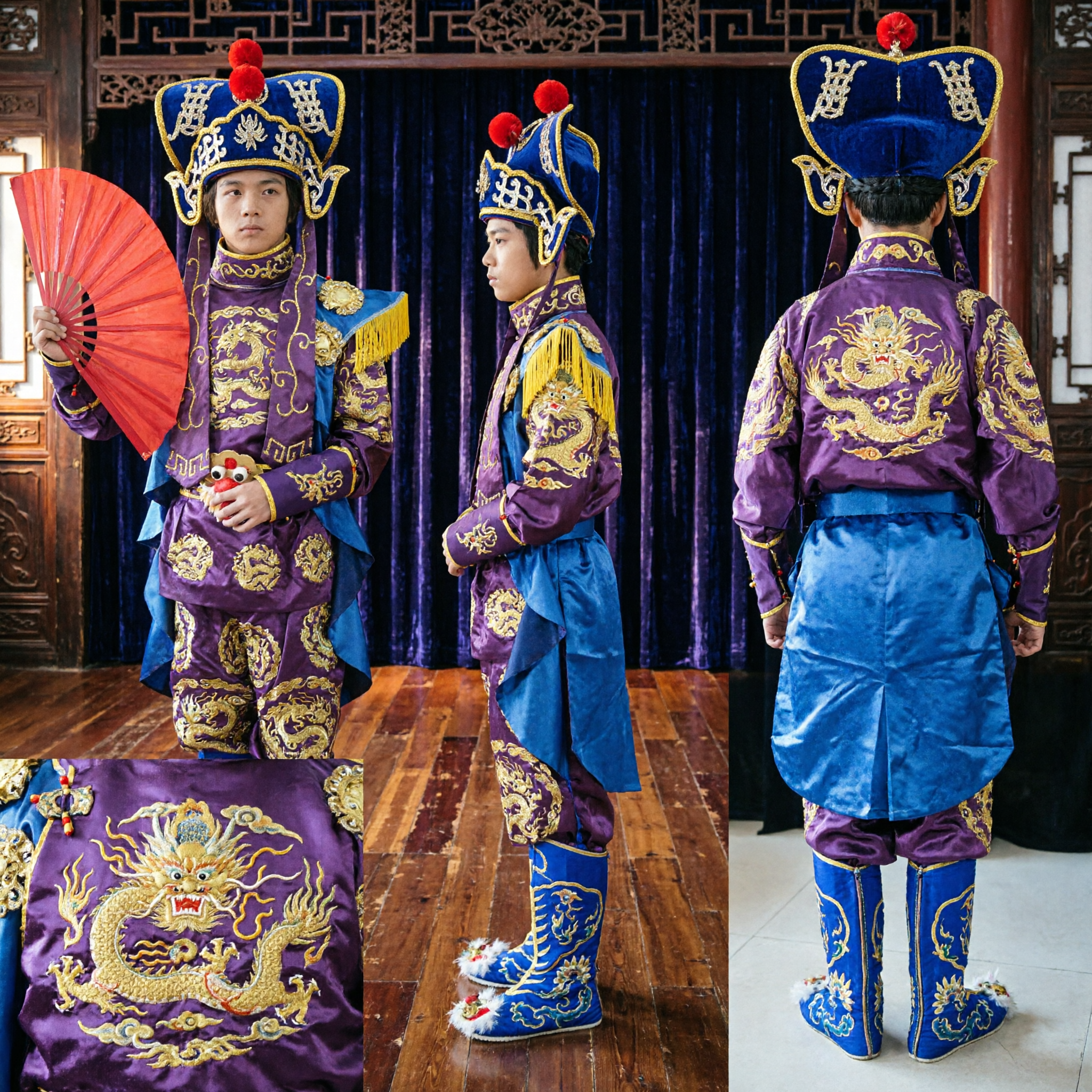 Men's Traditional Chinese Opera Costume Purple Dragon General Warrior Robe with Hat Fan for Stage Performance - Asian Costume