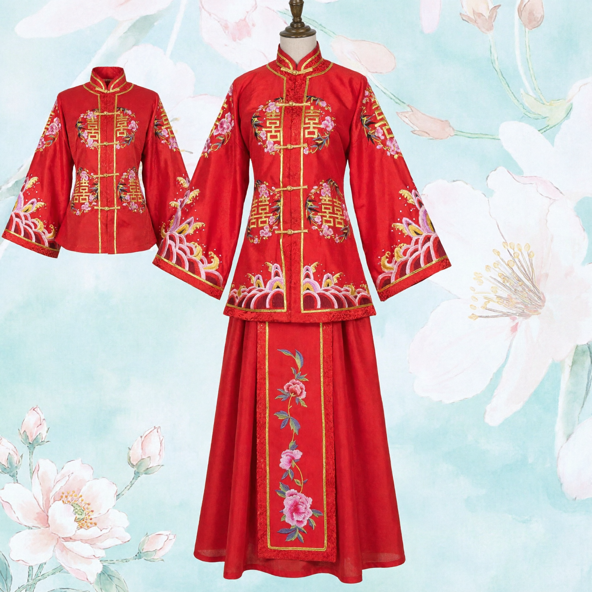 Traditional Chinese Wedding Dress Red Qun Kwa Two Piece Set with Gold Phoenix Embroidery for Bride - Asian Costume