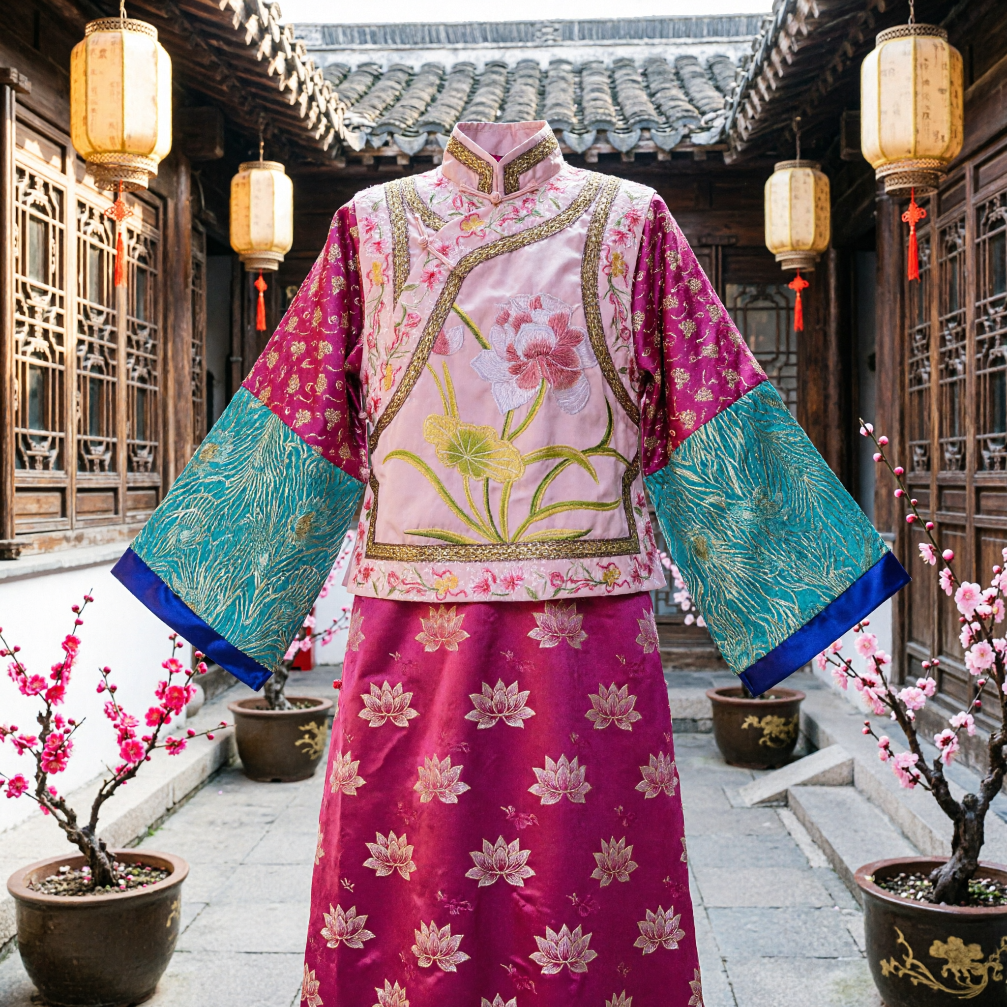 Traditional Chinese Qing Dynasty Costume Pink Floral Embroidery Wide Sleeve Top and Skirt Set for Women Dance Performance - Asian Costume