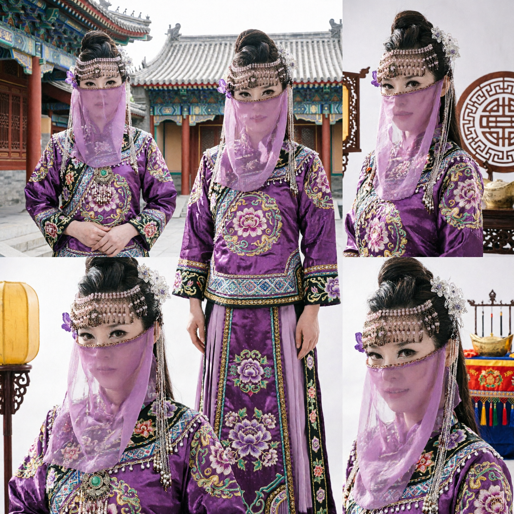 Elegant Ancient Chinese Princess Hair Accessories Set with Purple Tulle Veil and Beaded Headchain for Cosplay - Asian Costume