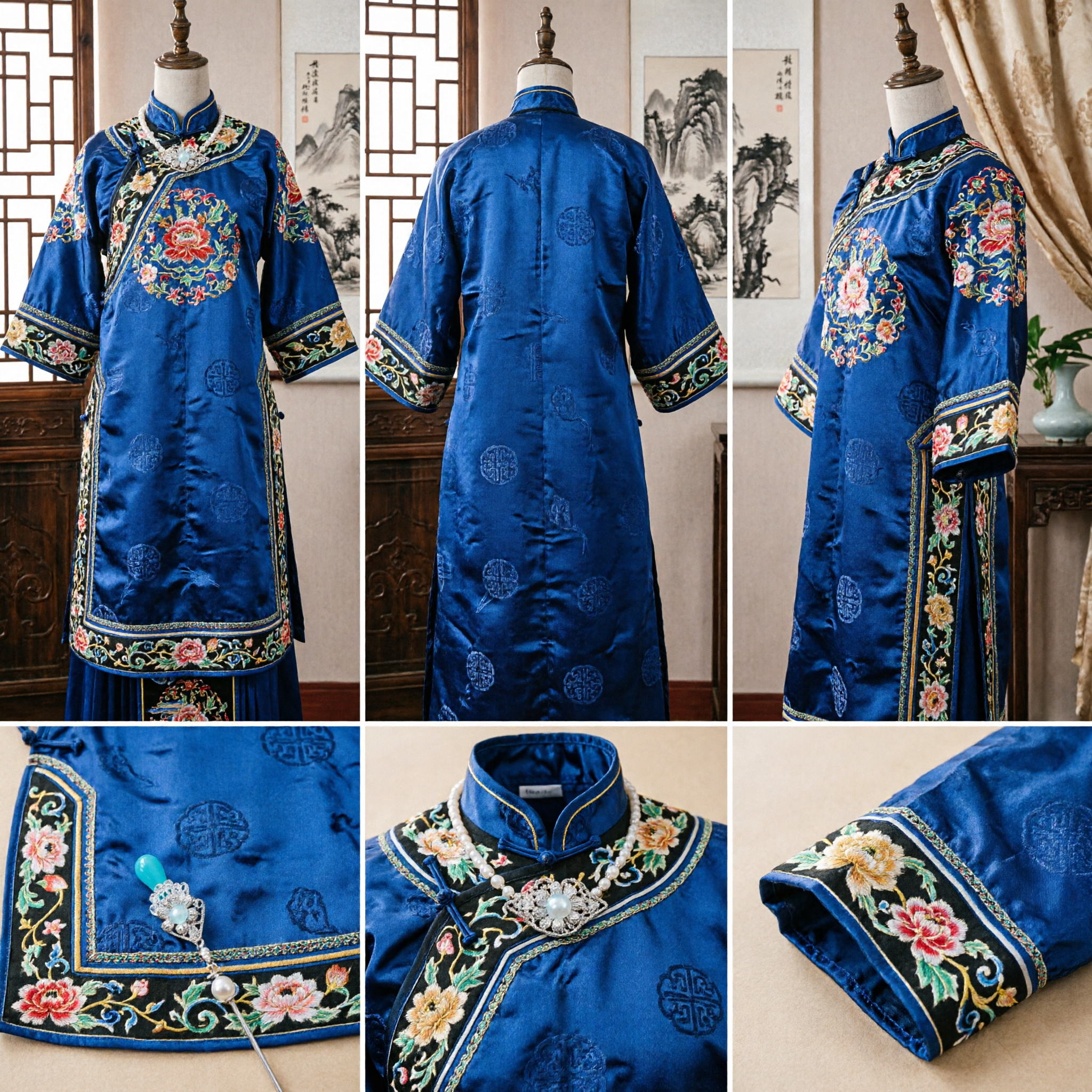 Ancient Style Chinese Hairpin Silver Filigree Flower Hair Stick with Blue Gem for Hanfu Wedding Gift - Asian Costume