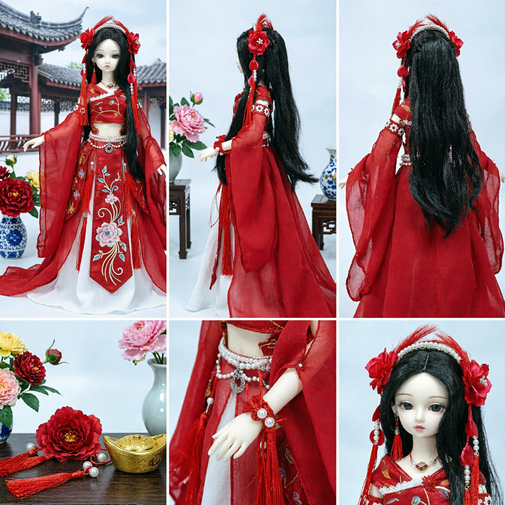 Chinese Traditional Red Wedding Hanfu Dress Ancient Bridal Costume for BJD Doll with Headpiece - Asian Costume