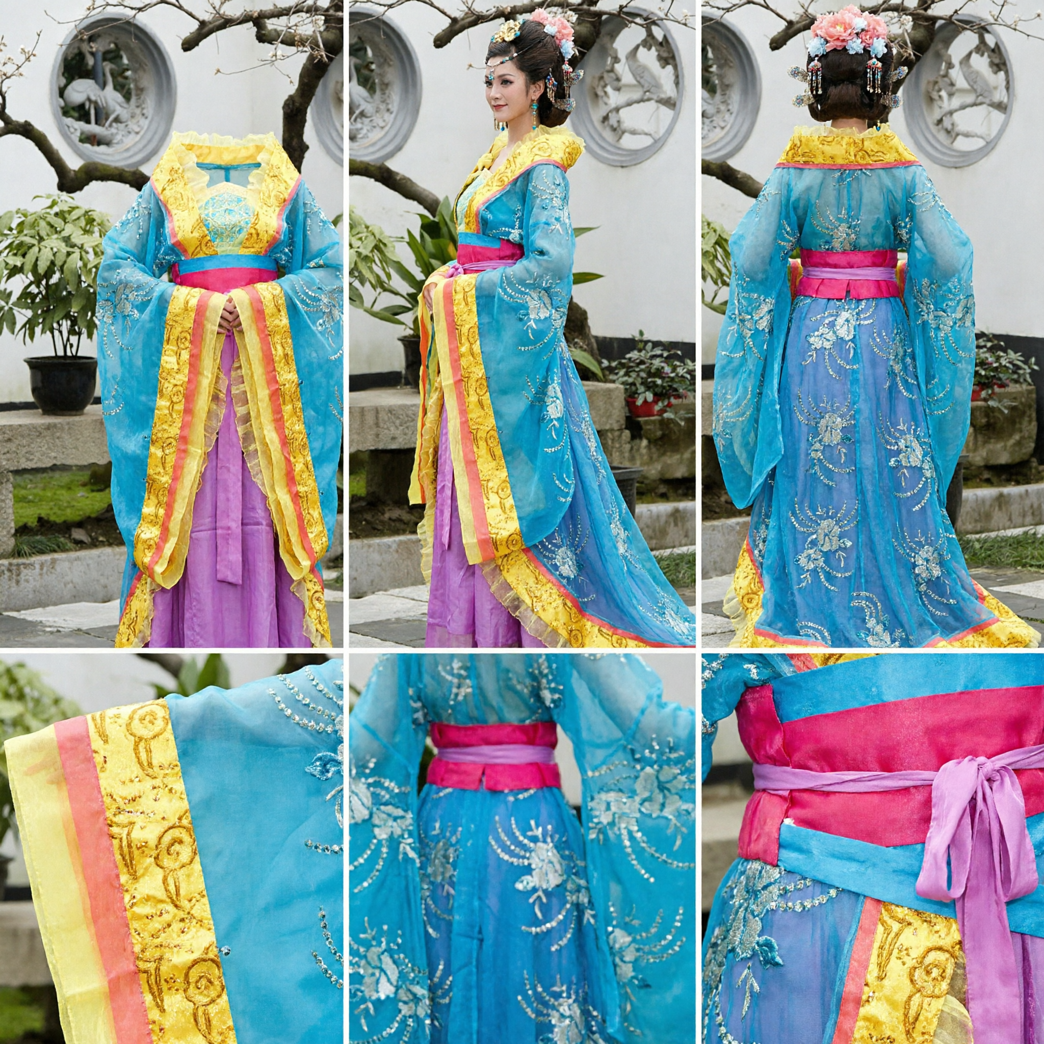 Traditional Chinese Hanfu Costume Ancient Empress Princess Dress Blue Yellow Embroidery for Stage Performance - Asian Costume