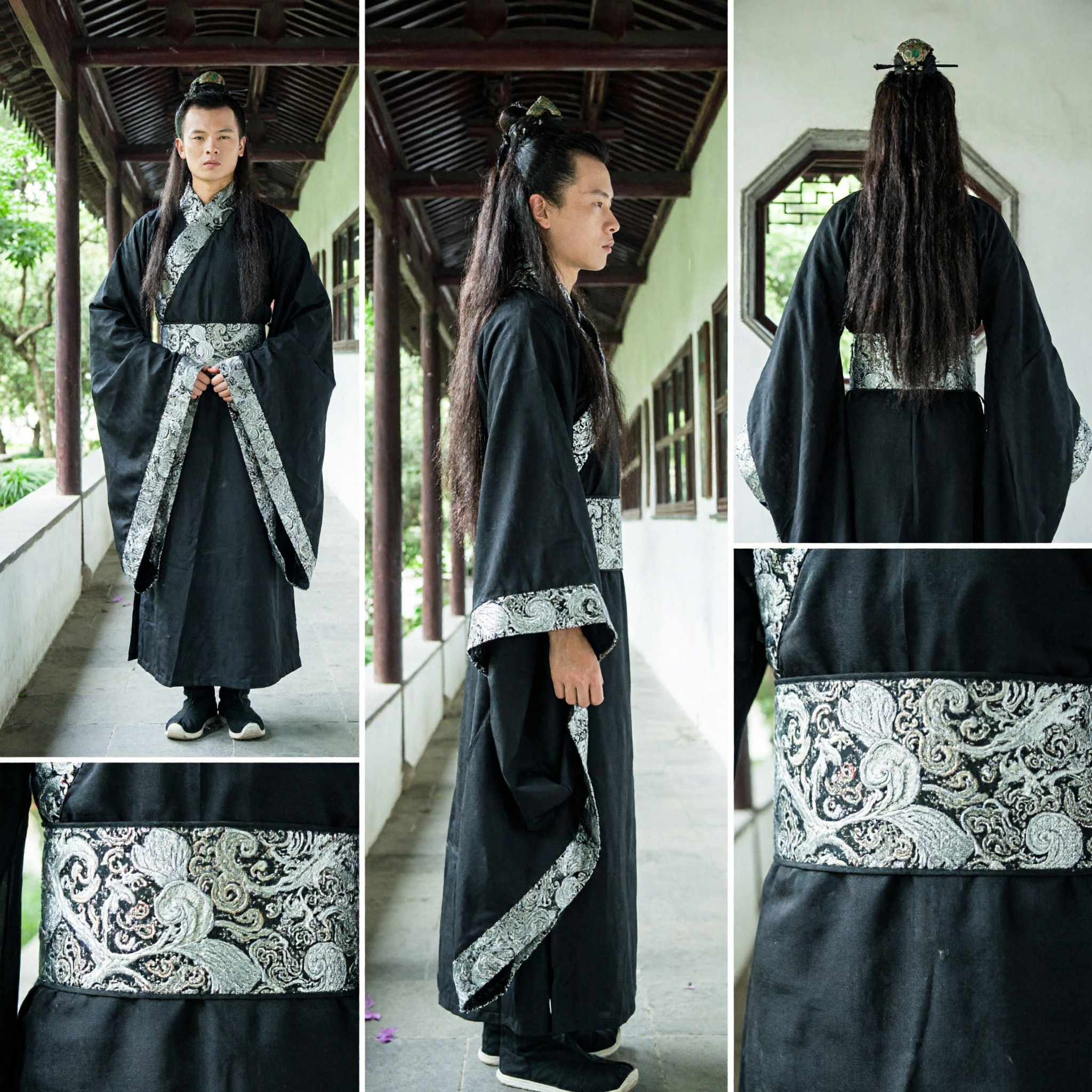 Men's Ancient Chinese Hanfu Black Robe Traditional Scholar Swordsman Costume for Wuxia Cosplay and Stage Performance - Asian Costume