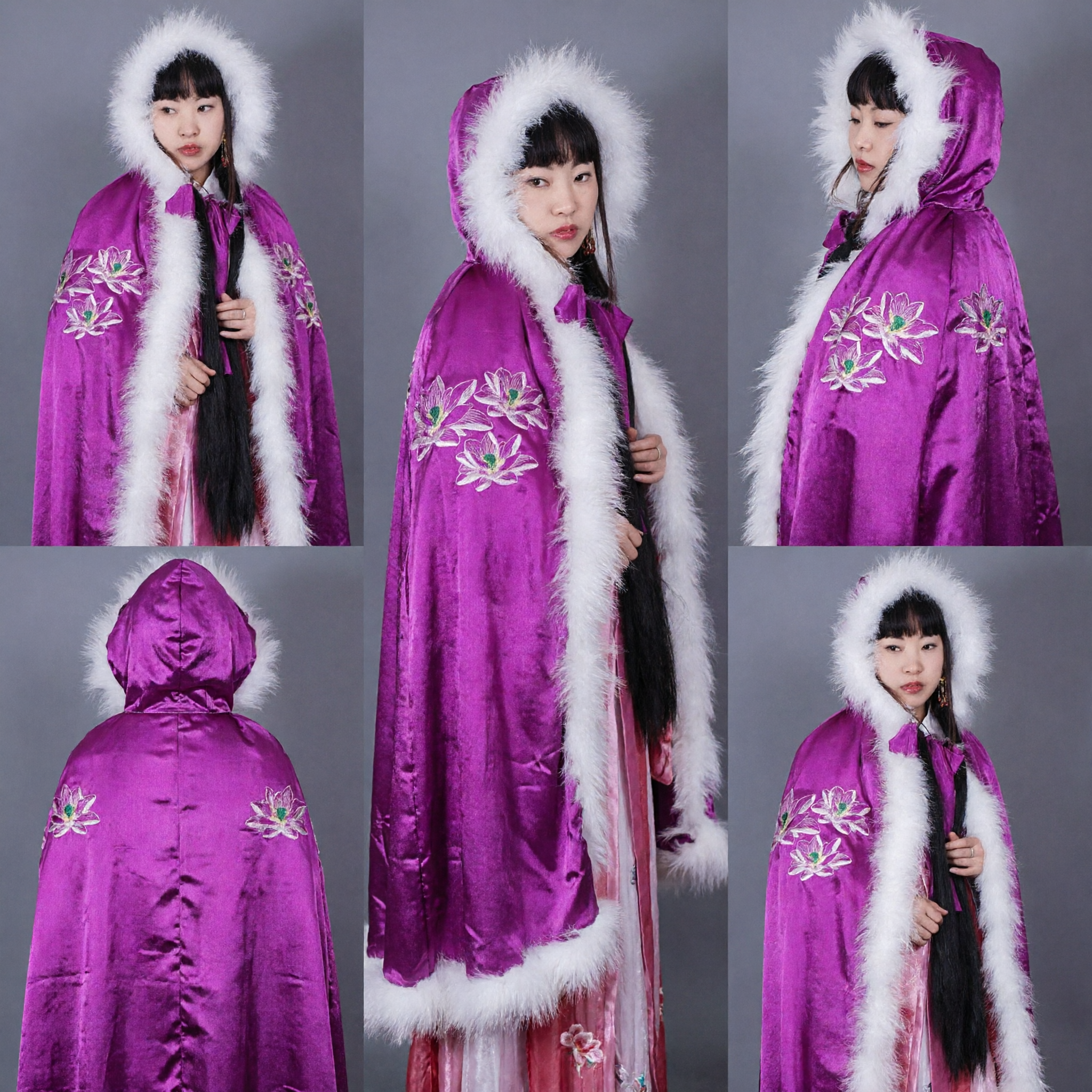 Women's Purple Velvet Hanfu Cloak with White Fur Trim Embroidered Lotus Ancient Chinese Winter Costume Cape - Asian Costume