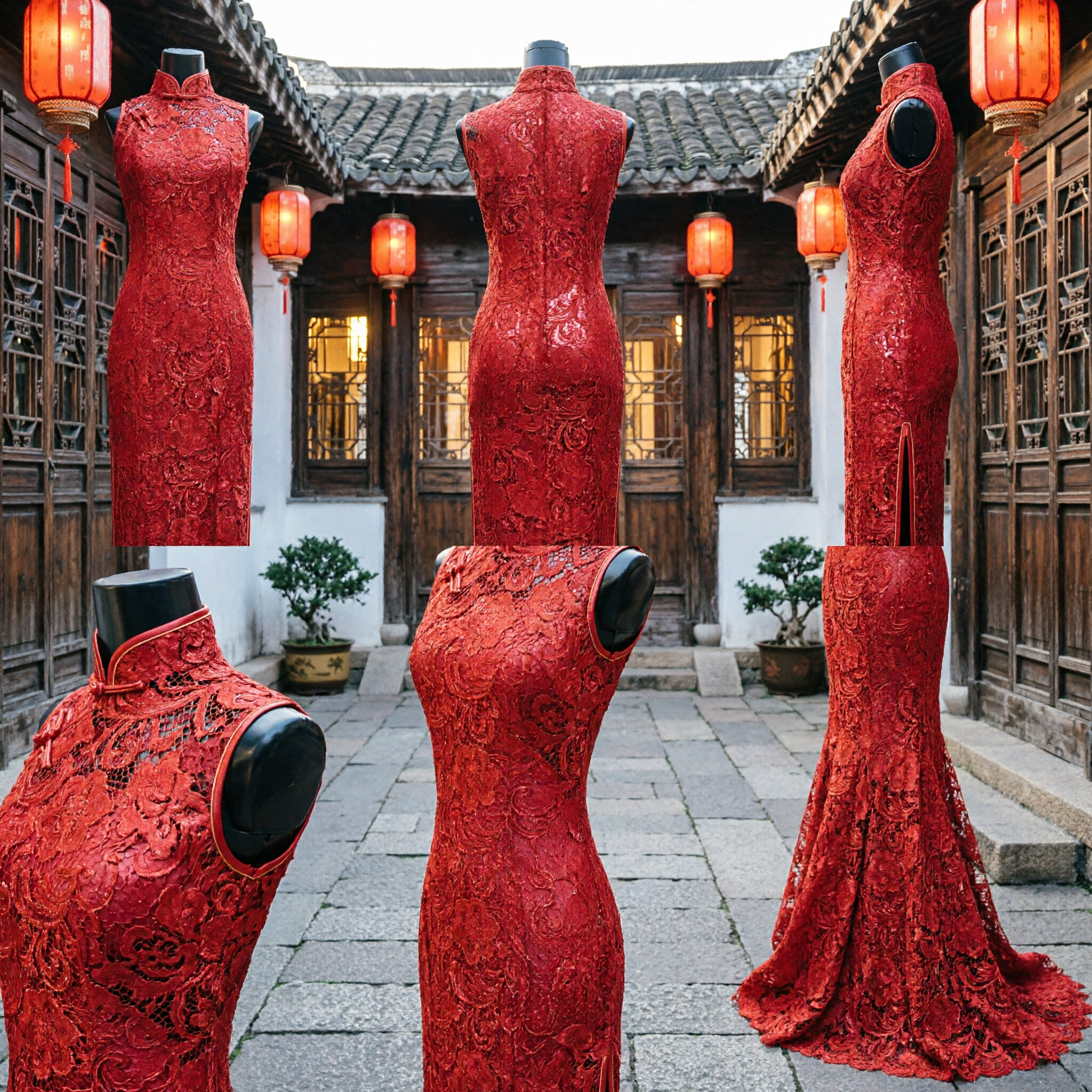 Elegant Red Lace Mermaid Cheongsam Long Formal Qipao Evening Gown Traditional Chinese Wedding Dress - Asian Costume