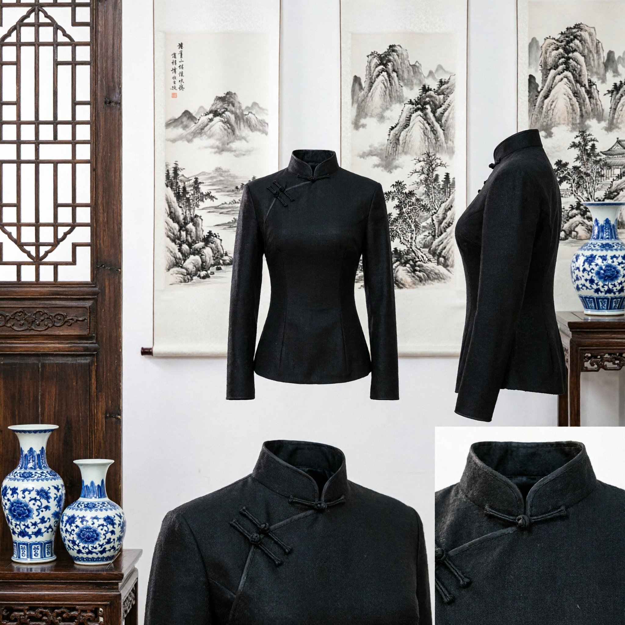 Women's Black Traditional Chinese Tang Suit Top Mandarin Collar Frog Button Blouse for Kung Fu - Asian Costume