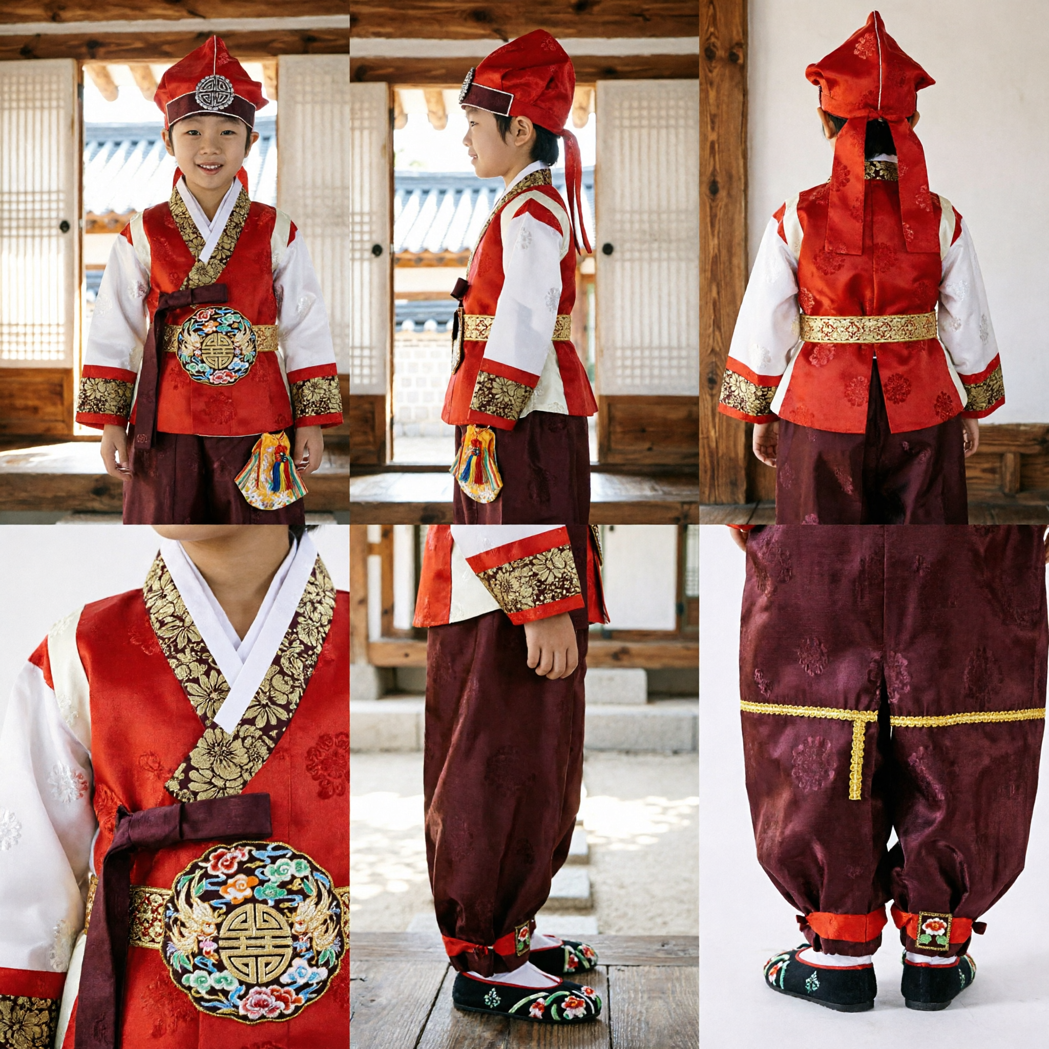 Boys Traditional Korean Hanbok Set Red Vest and Maroon Pants for Doljanchi Birthday or Wedding - Asian Costume