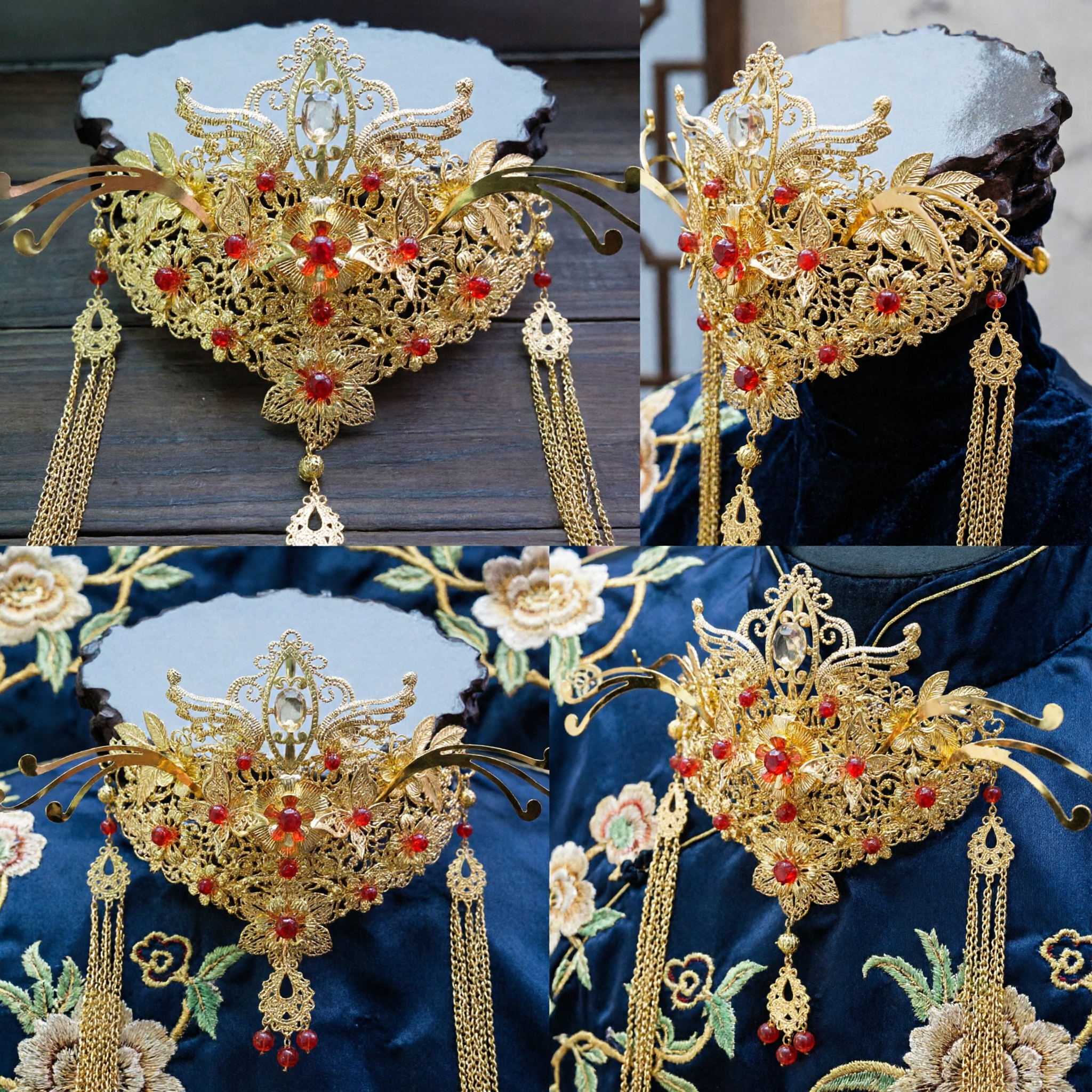 Traditional Chinese Wedding Hair Accessory Gold Filigree Phoenix Crown with Red Beads for Hanfu Bride - Asian Costume