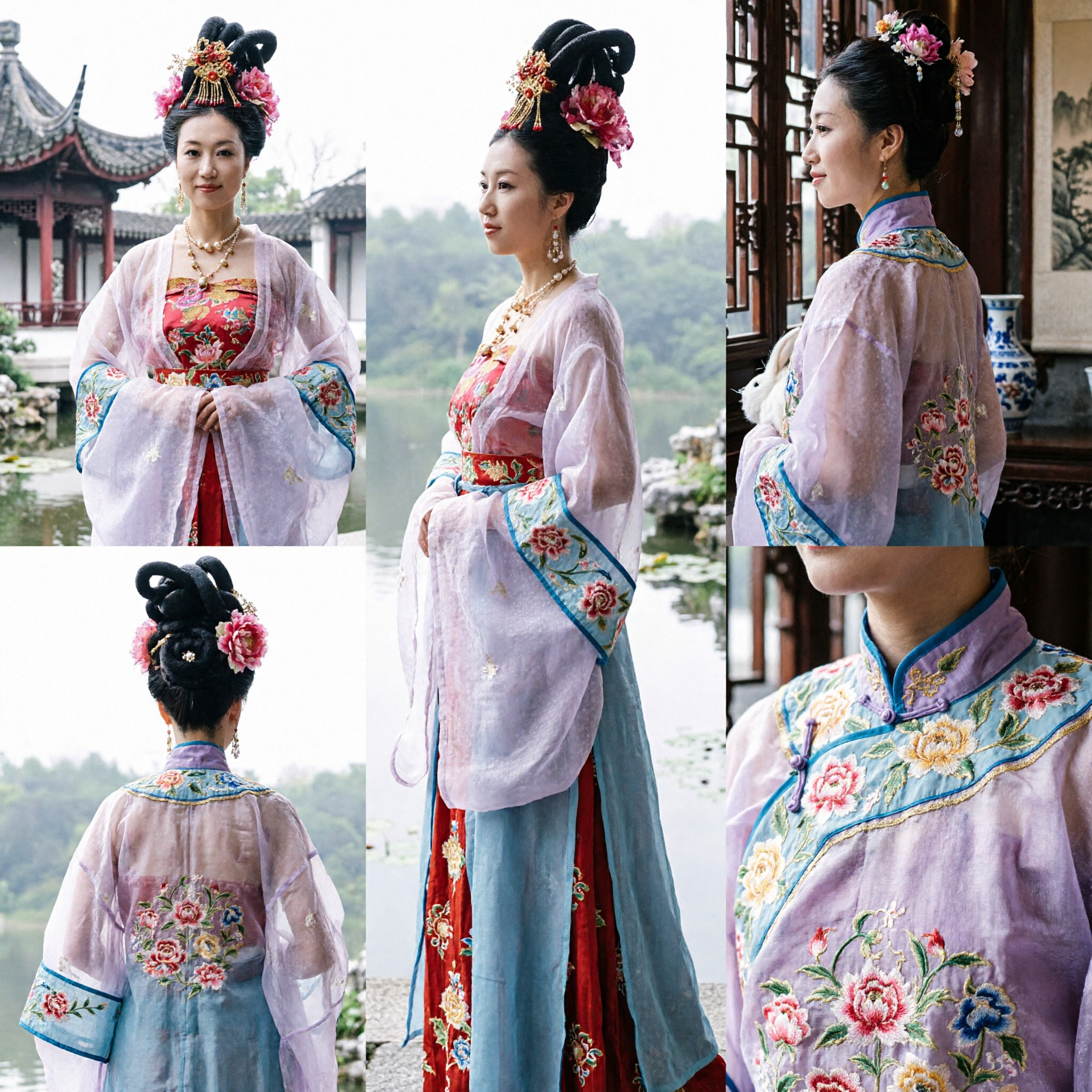 Traditional Chinese Tang Dynasty Princess Costume with Elaborate Floral Hair Accessories for Women's Hanfu Cosplay - Asian Costume