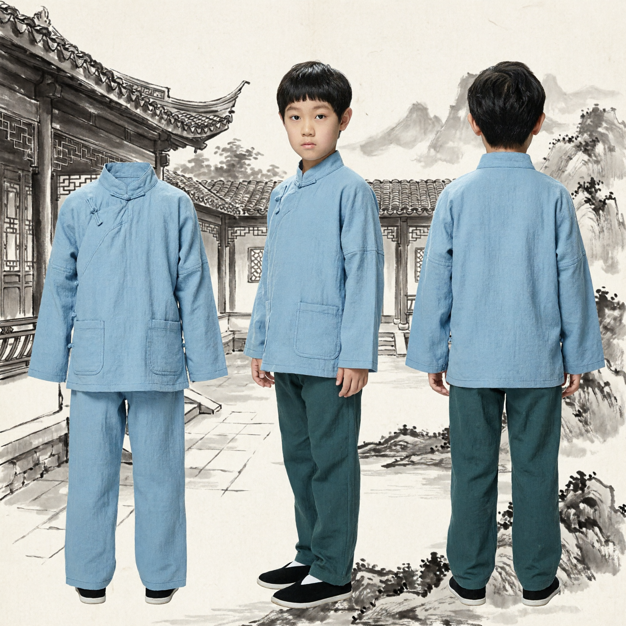Kids Boys Traditional Chinese Hanfu Costume Set Ancient Scholar Robe and Trousers Outfit - Asian Costume