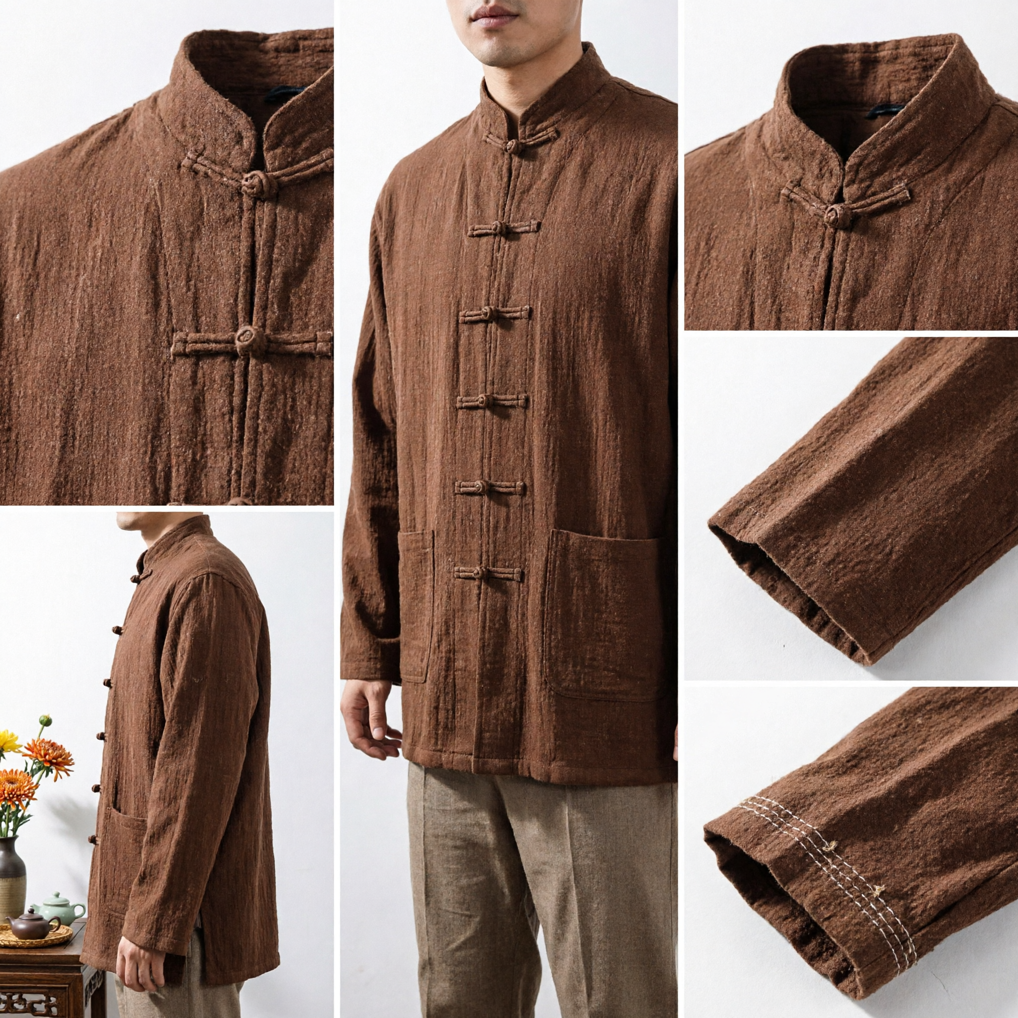 Men's Traditional Chinese Tang Suit Jacket Brown Cotton Linen Kung Fu Coat with Frog Buttons for Casual Wear - Asian Costume