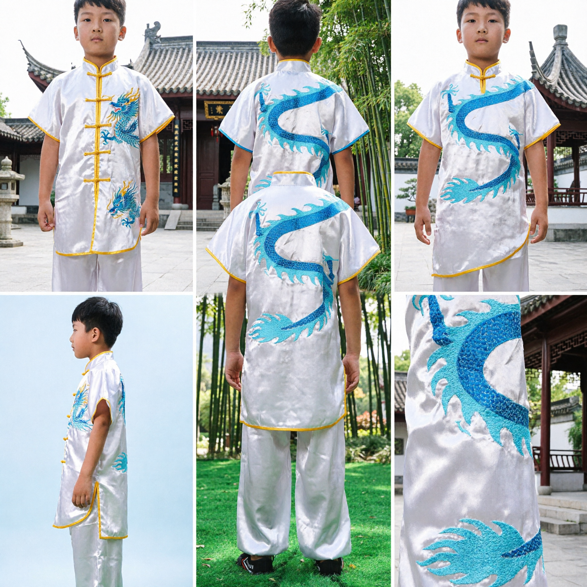 Boys White Kung Fu Uniform Blue Dragon Embroidery Traditional Chinese Martial Arts Tai Chi Suit - Asian Costume