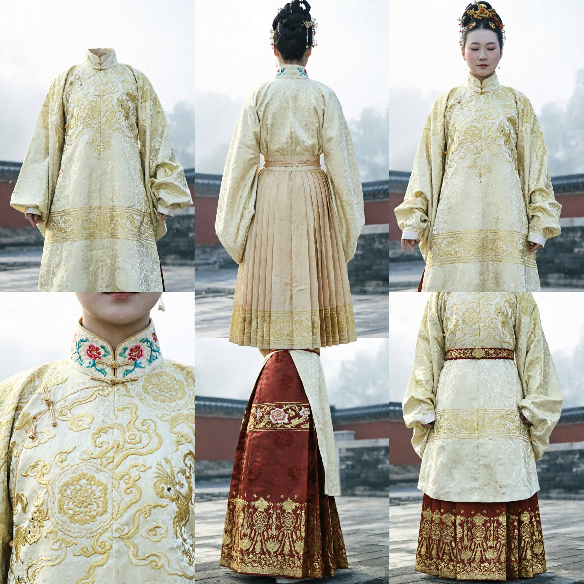 Elegant Ming Dynasty Hanfu Costume for Women Cream Gold Pifeng Coat and Embroidered Horse Face Skirt Set - Asian Costume
