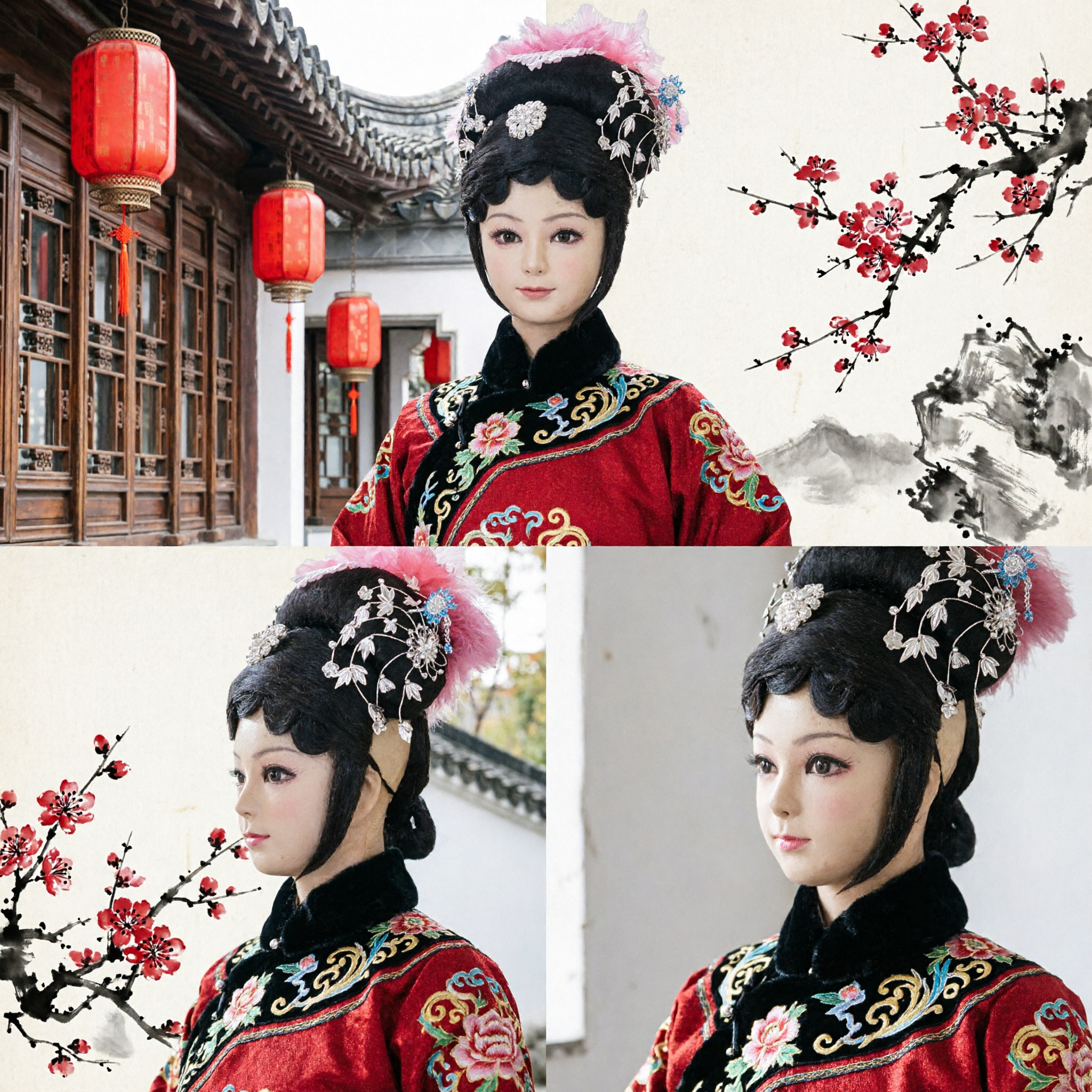 Traditional Chinese Qing Dynasty Princess Wig Headwear with Pink Feathers and Silver Flowers for Peking Opera Cosplay - Asian Costume