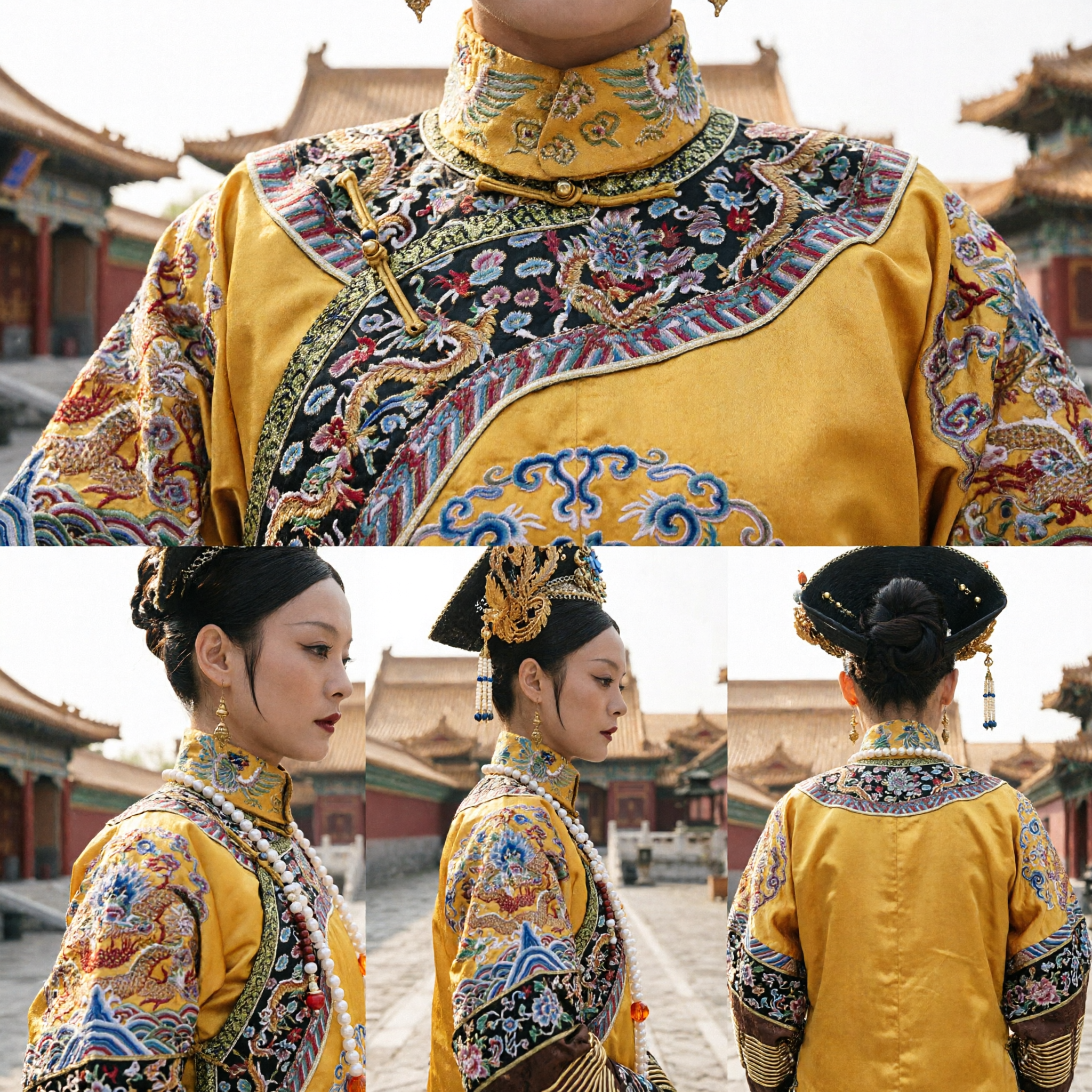 Complete Qing Dynasty Empress Costume Set with Ornate Phoenix Headdress and Yellow Embroidered Robe for Women - Asian Costume