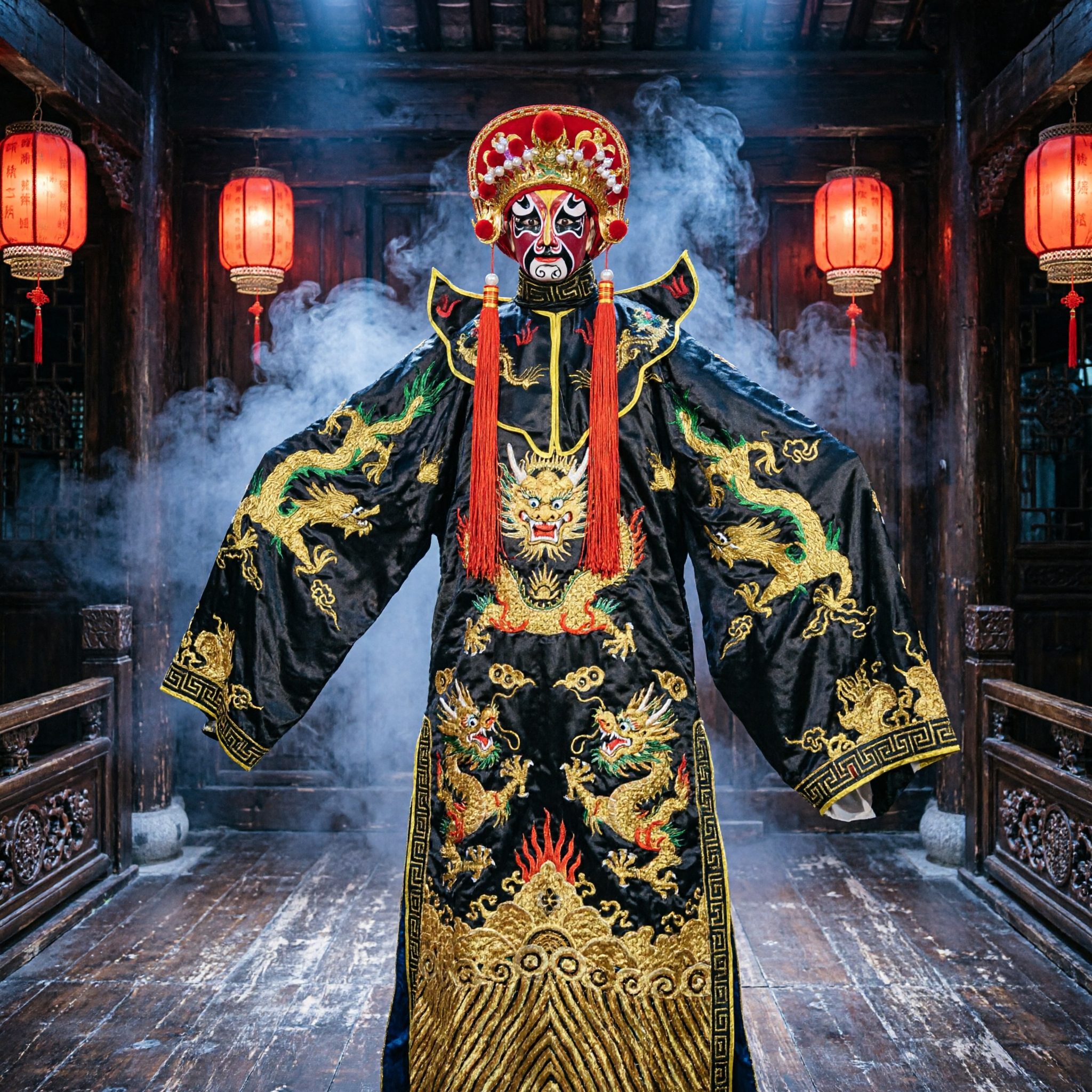 Traditional Chinese Sichuan Opera Face Changing Costume Black Dragon Robe and Mask Set for Performance - Asian Costume