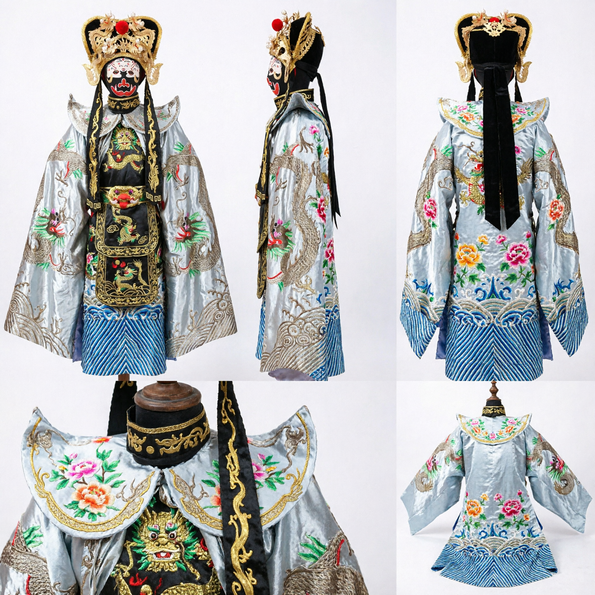 Traditional Chinese Peking Opera Costume Silver Dragon Robe General Mask Headdress Set for Adult Stage Performance - Asian Costume