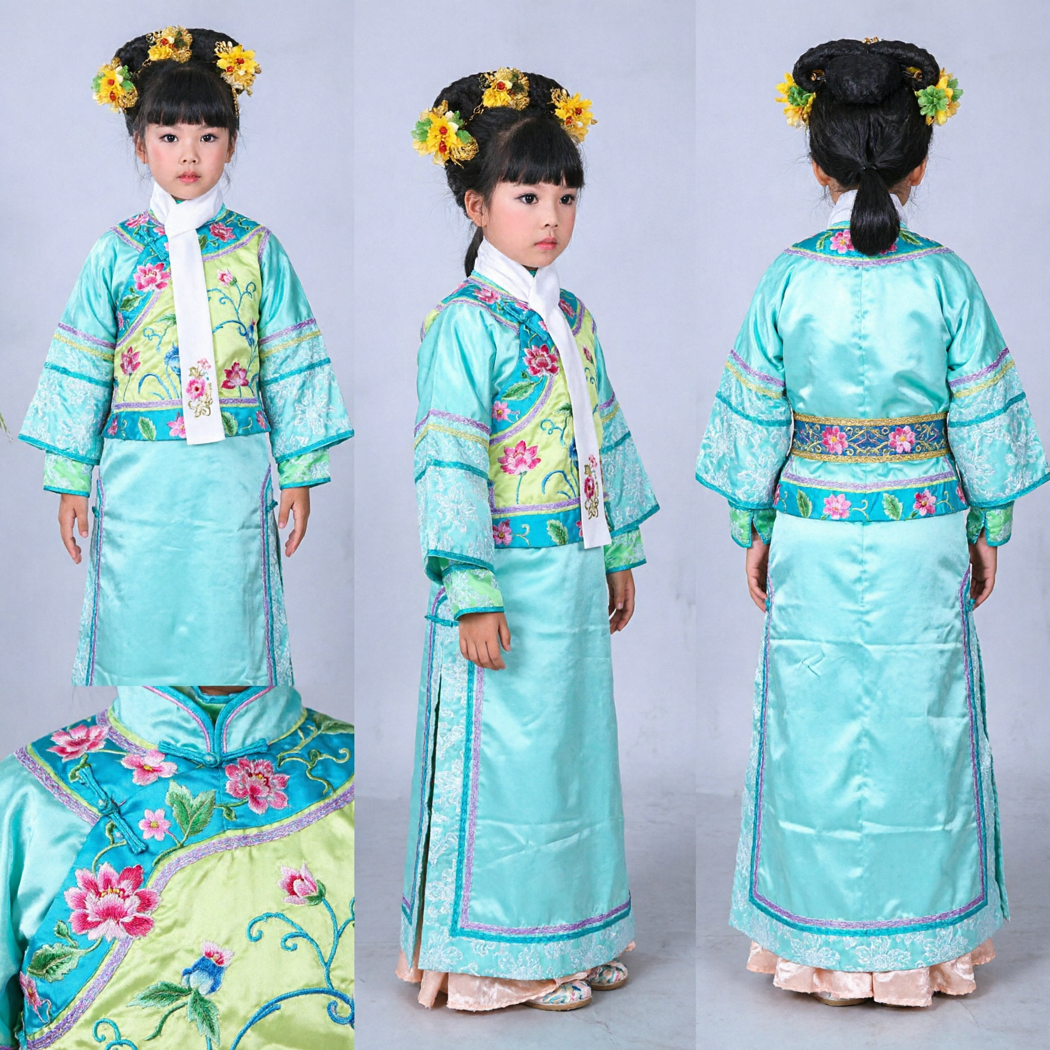 Traditional Chinese Qing Dynasty Costume for Girls Blue Embroidered Manchu Dress Kids Festival Performance Outfit - Asian Costume