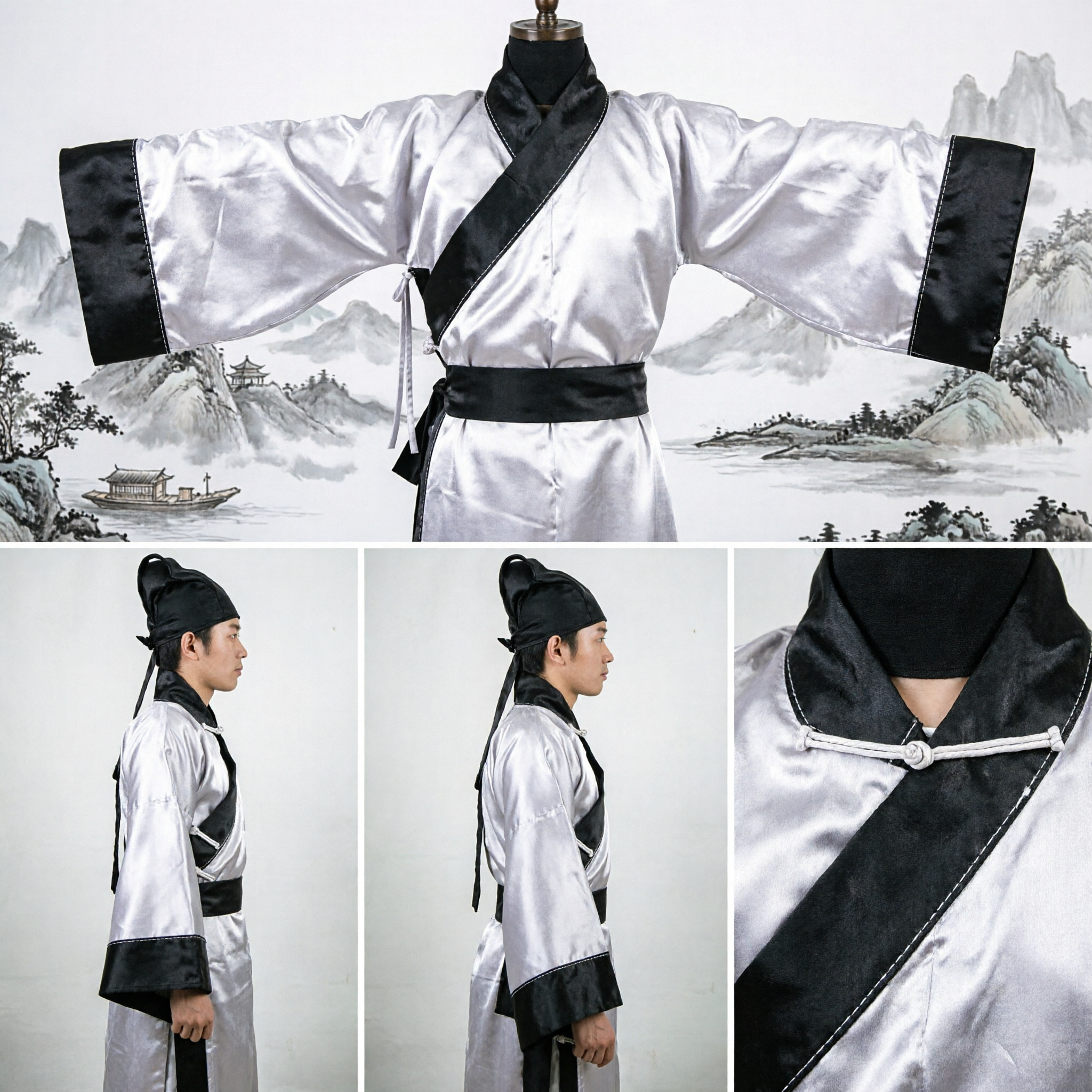 Ancient Chinese Scholar Costume Traditional White Hanfu Robe with Black Hat for Kids Cultural Performance - Asian Costume