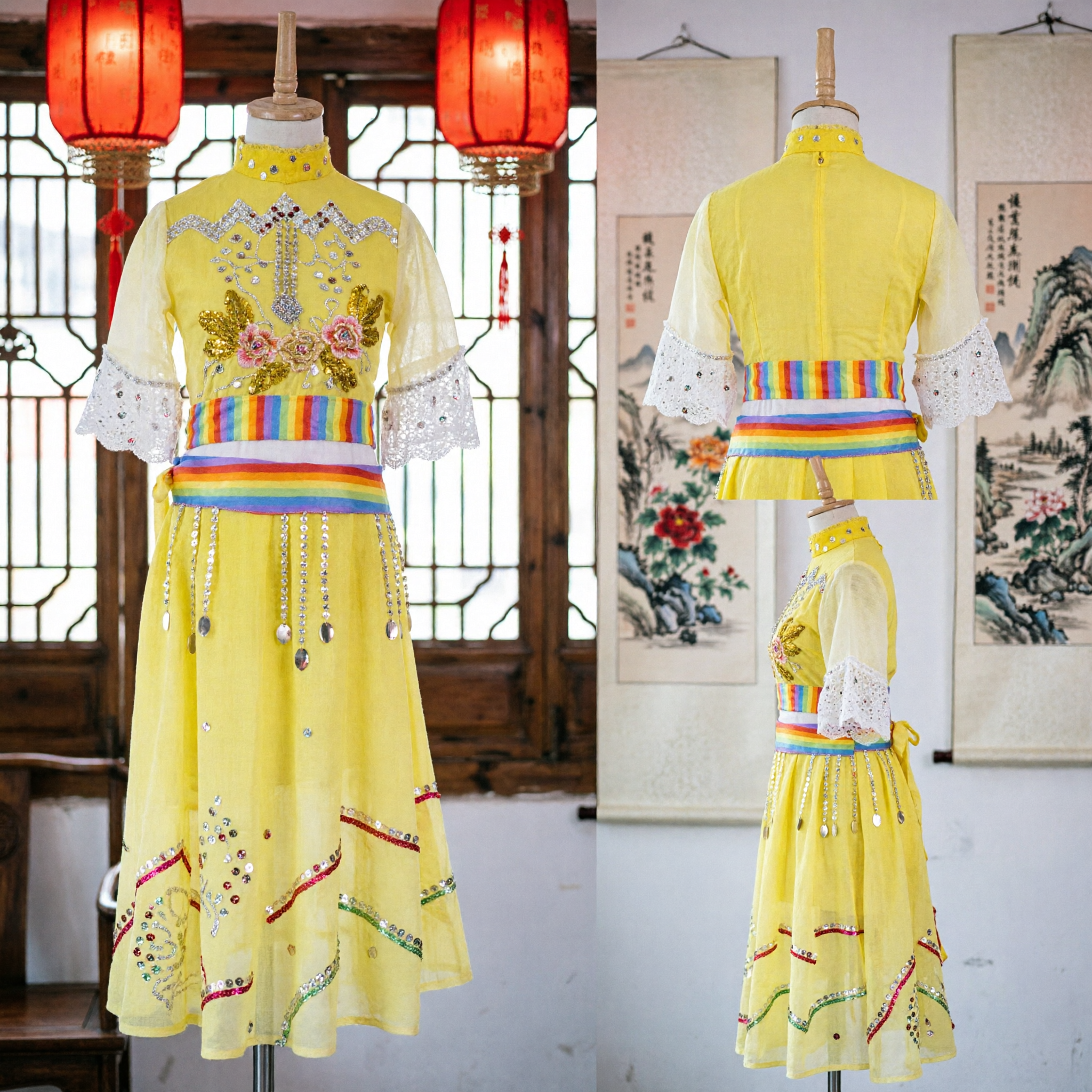 Yellow Chinese Ethnic Minority Dance Costume for Girls Traditional Folk Performance Dress - Asian Costume
